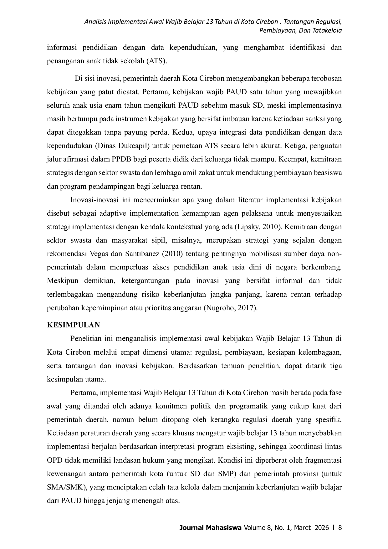 JURIS Analisis Implementasi Awal Wajib Belajar 13 Tahun di Kota Cirebon Tantangan Regulasi Pembiayaan dan Tata Kelola