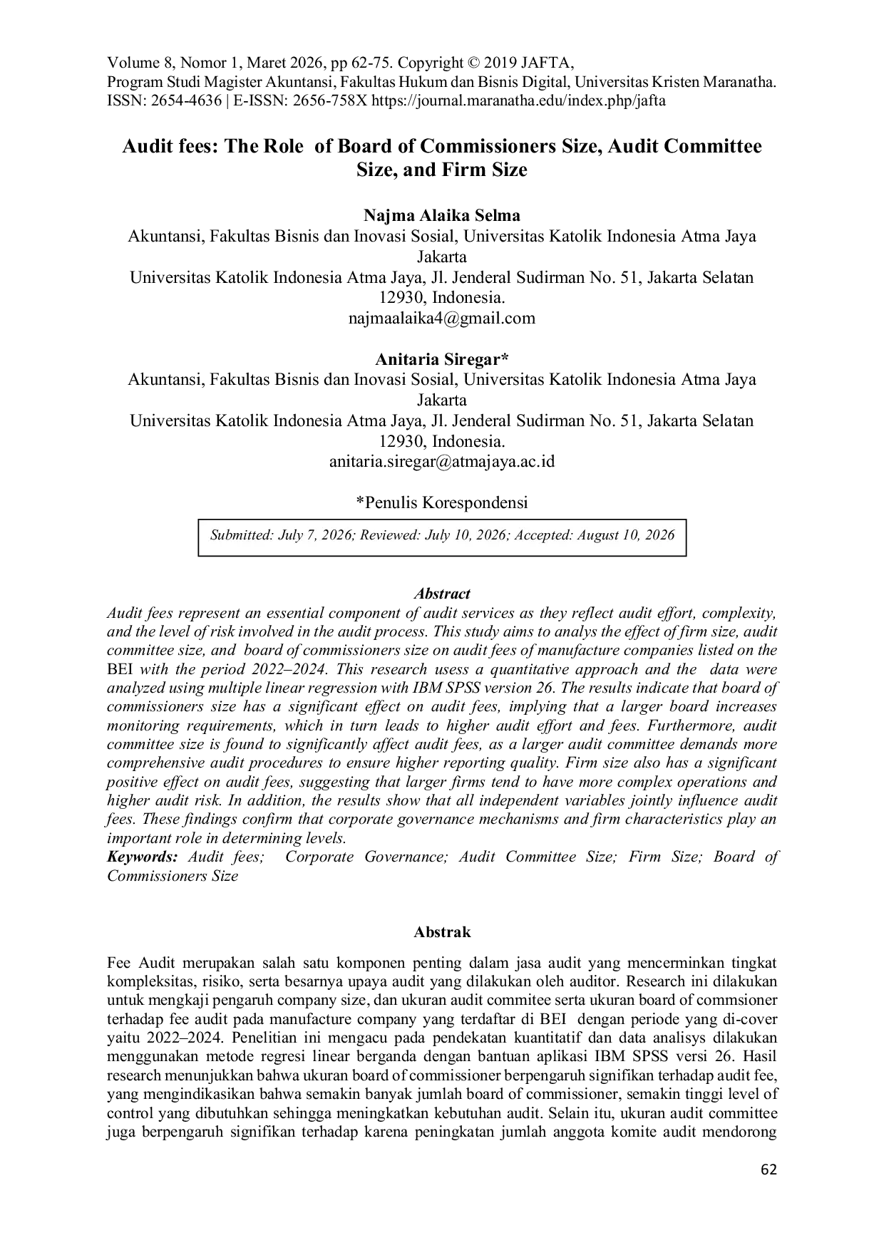 JURIS Audit Fees The Role of Board of Commissioners Size Audit Committee Size and Firm Size