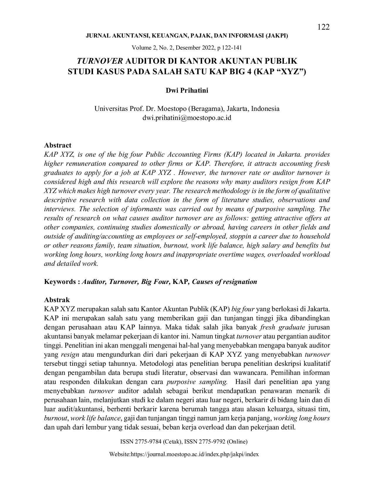 JURIS Turnover Auditor Di Kantor Akuntan Publik Studi Kasus Pada Salah Satu Kap Big 4 Kap Xyz