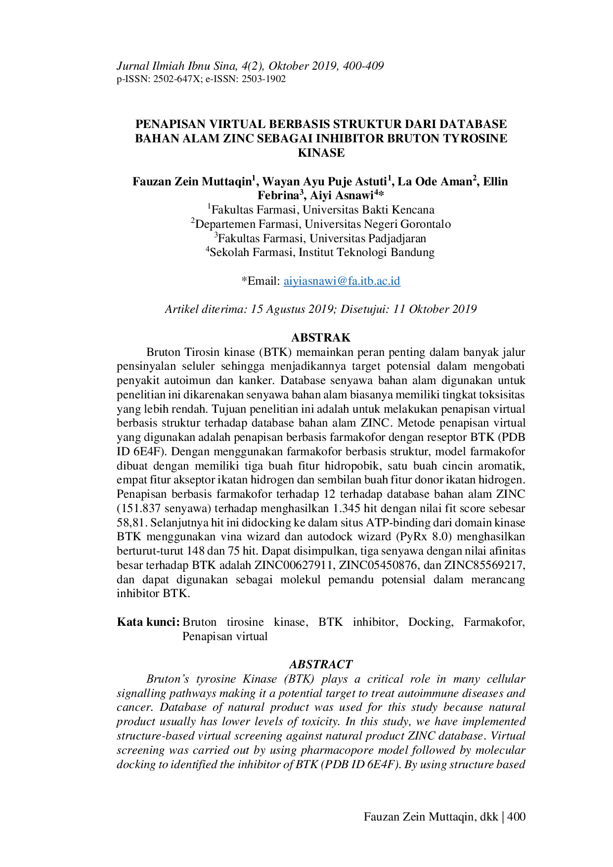 JURIS Penapisan Virtual Berbasis Struktur Dari Database Bahan Alam Zinc Sebagai Inhibitor Bruton Tyrosine Kinase