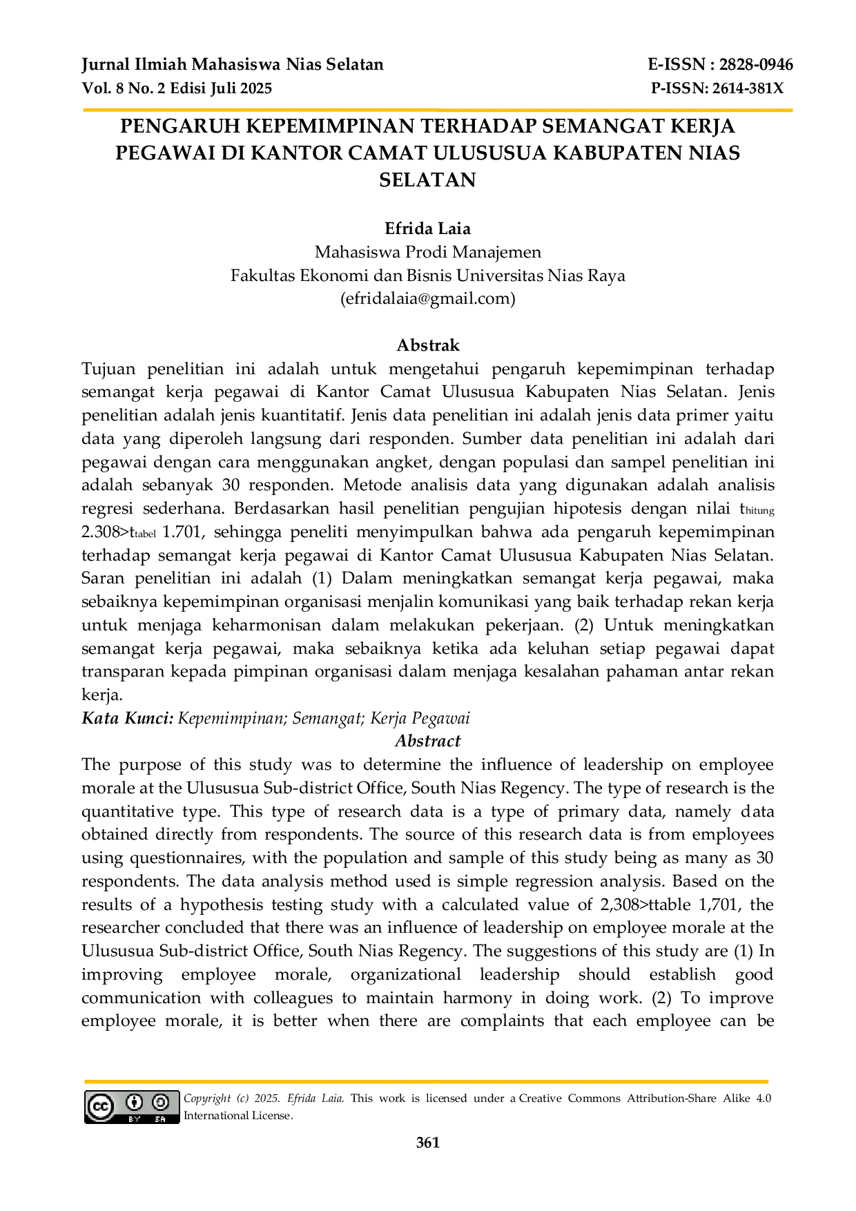 JURIS Pengaruh Kepemimpinan Terhadap Semangat Kerja Pegawai di Kantor Camat Ulususua Kabupaten Nias Selatan