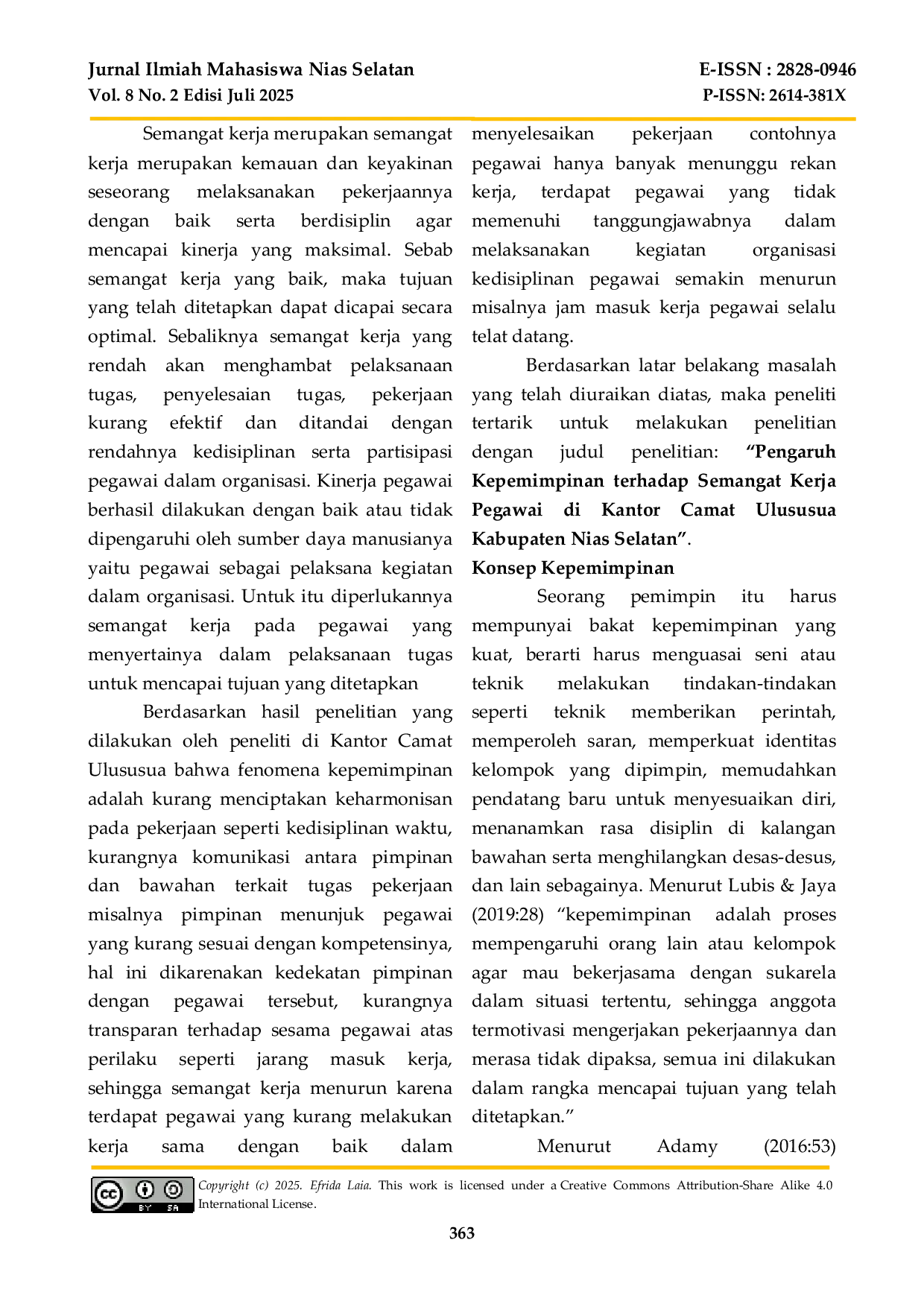 JURIS Pengaruh Kepemimpinan Terhadap Semangat Kerja Pegawai di Kantor Camat Ulususua Kabupaten Nias Selatan