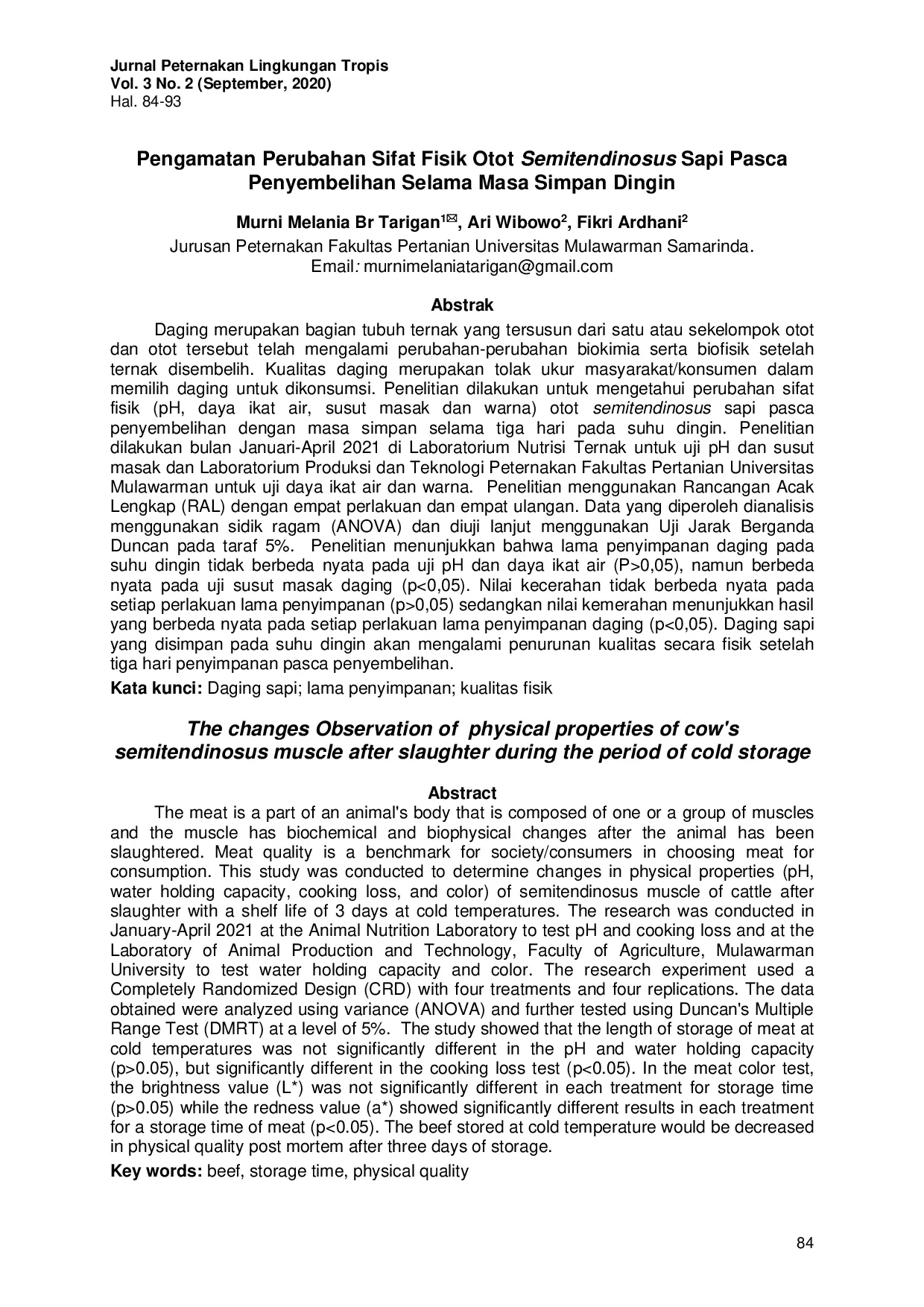 JURIS Pengamatan Perubahan Sifat Fisik Otot Semitendinosus Sapi Pasca Penyembelihan Selama Masa Simpan Dingin