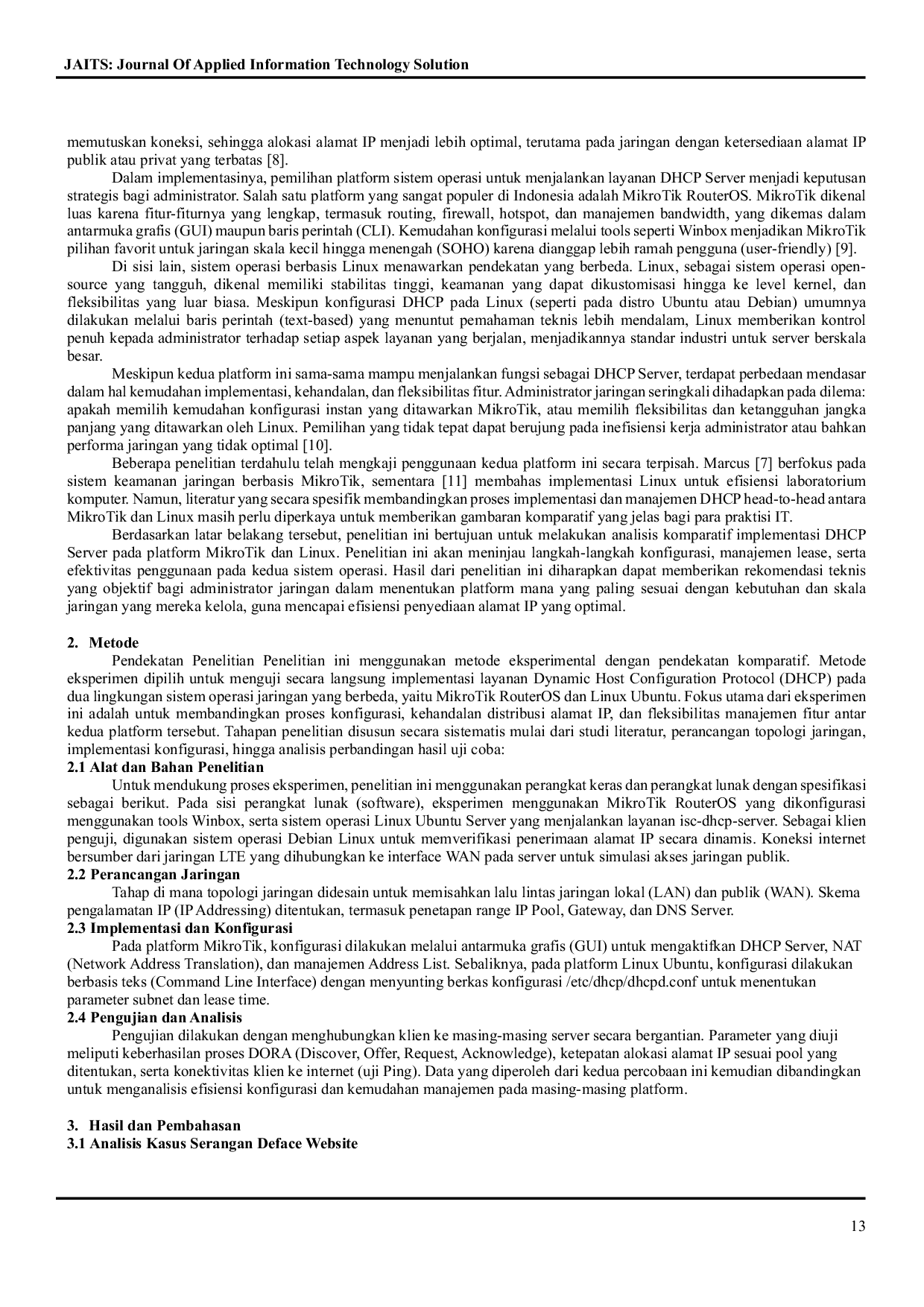 JURIS Analisis Komparatif Implementasi DHCP Server pada Platform MikroTik dan Linux untuk Manajemen Jaringan