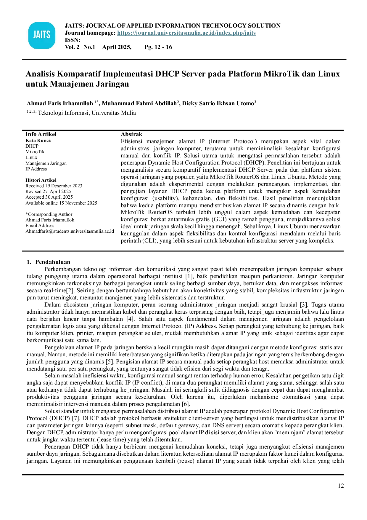 JURIS Analisis Komparatif Implementasi DHCP Server pada Platform MikroTik dan Linux untuk Manajemen Jaringan