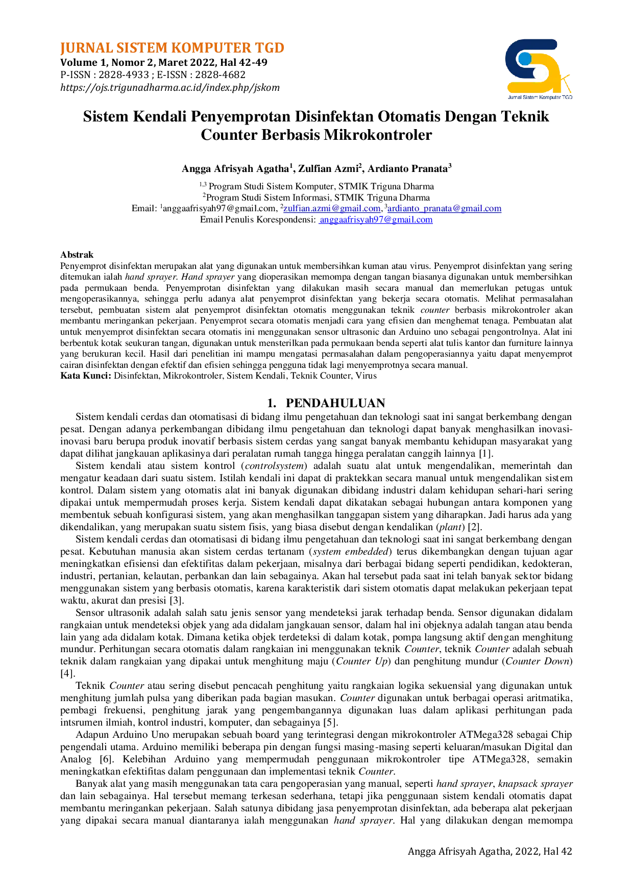 JURIS Sistem Kendali Penyemprotan Disinfektan Otomatis Dengan Teknik Counter Berbasis Mikrokontroler