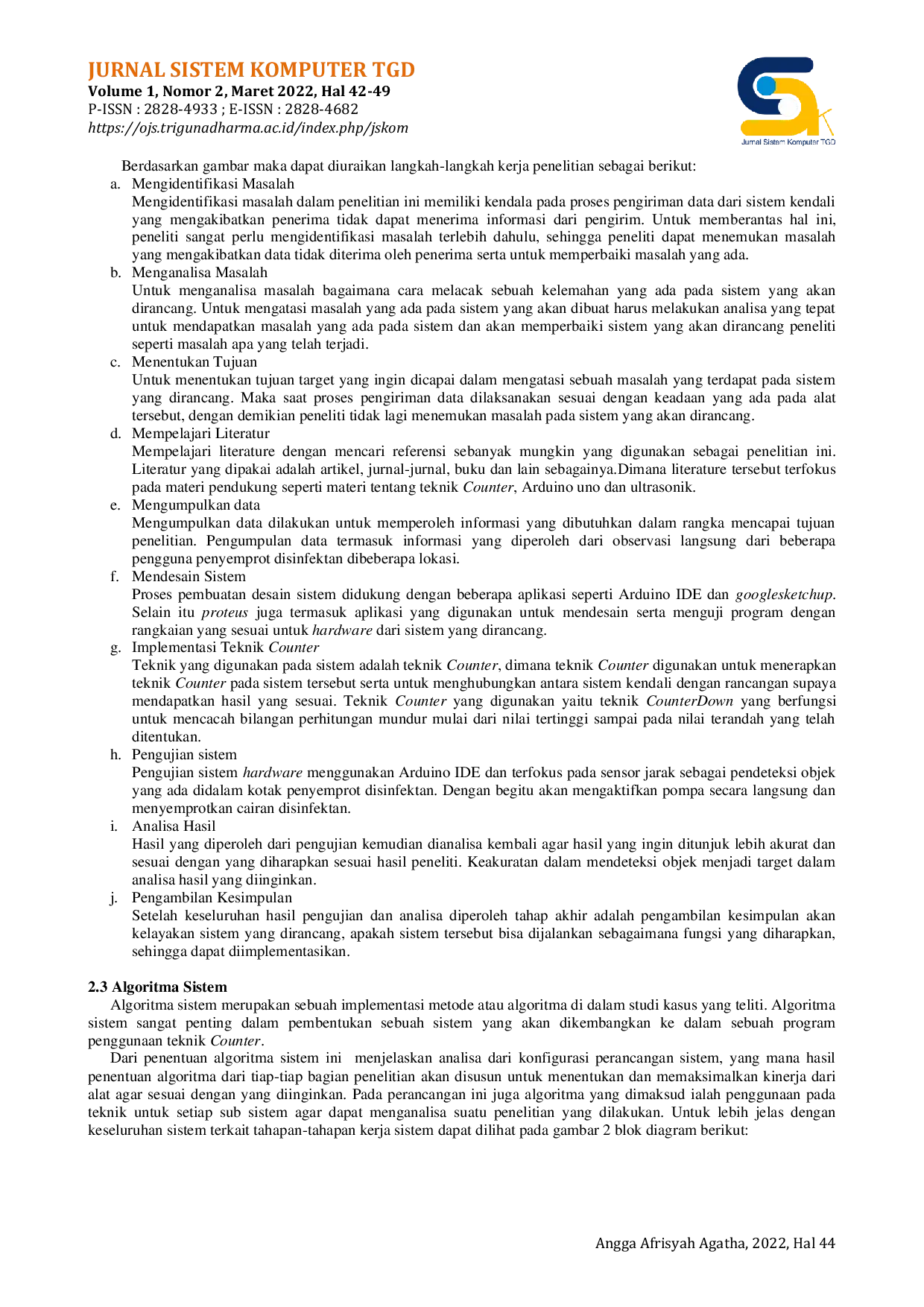 JURIS Sistem Kendali Penyemprotan Disinfektan Otomatis Dengan Teknik Counter Berbasis Mikrokontroler