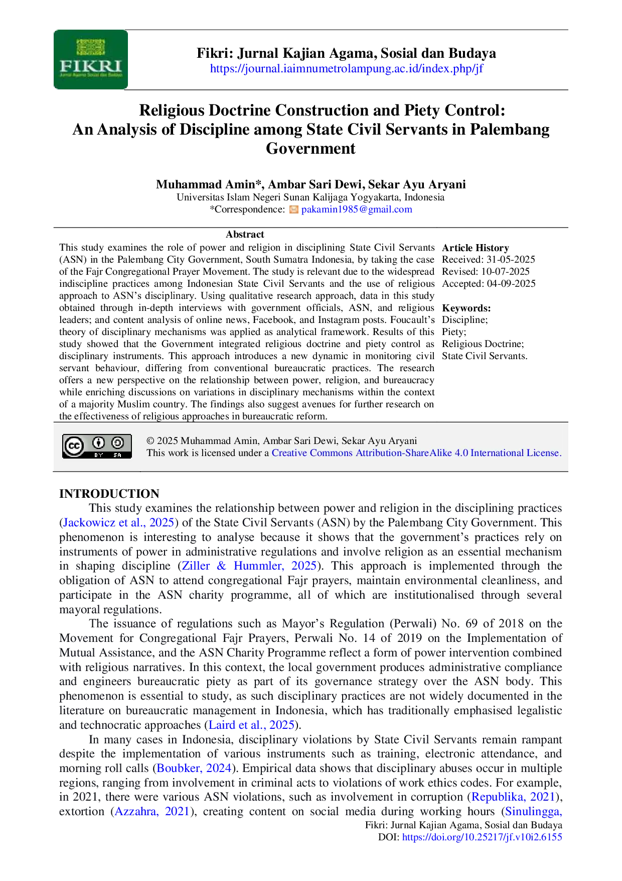 JURIS Religious Doctrine Construction and Piety Control An Analysis of Discipline among State Civil Servants in Palembang Government
