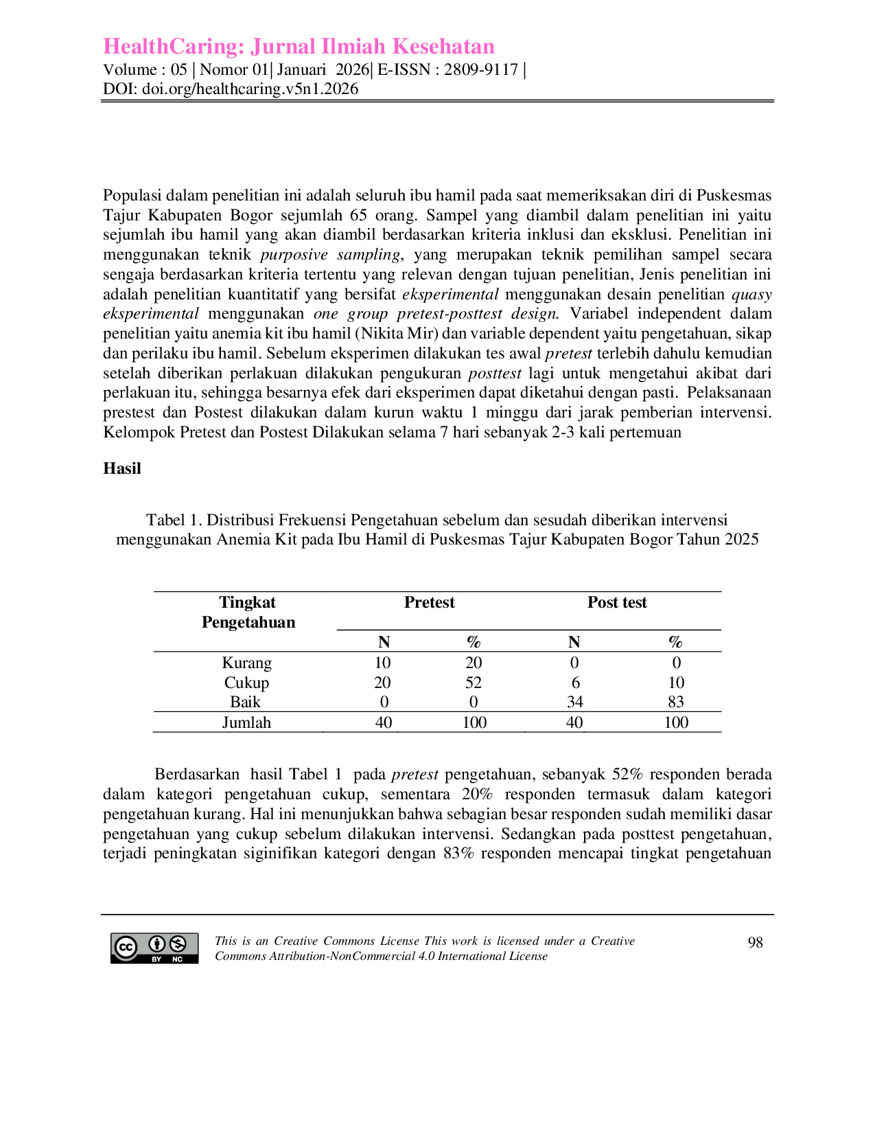 JURIS Efektivitas Penggunaan Kit Anemia terhadap Pengetahuan Sikap dan Perilaku Ibu Hamil tentang Anemia di Puskesmas Tajur Kabupaten Bogor Tahun 2025