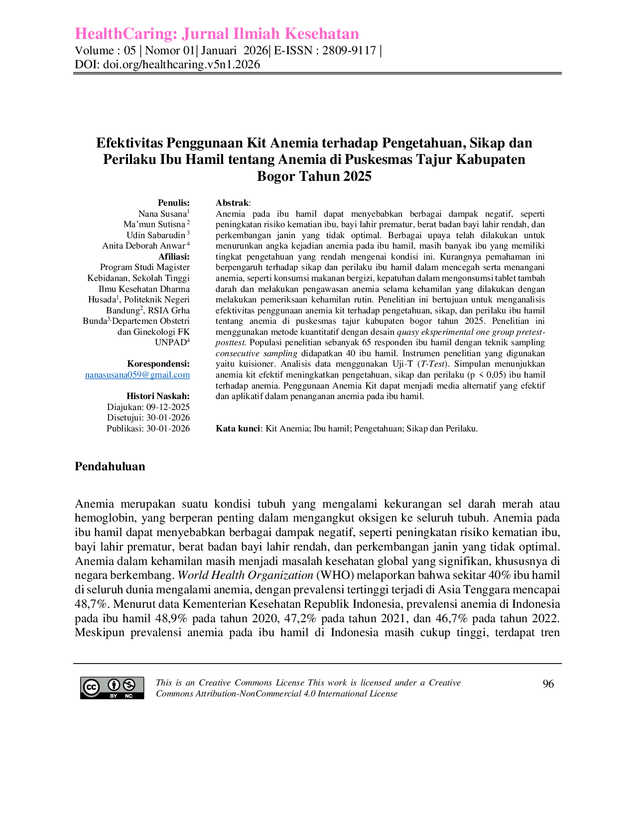 JURIS Efektivitas Penggunaan Kit Anemia terhadap Pengetahuan Sikap dan Perilaku Ibu Hamil tentang Anemia di Puskesmas Tajur Kabupaten Bogor Tahun 2025