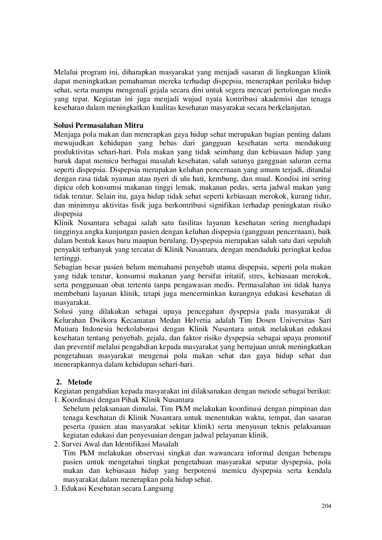 JURIS Pencegahan Dispepsia Melalui Edukasi Kesehatan Di Klinik Pratama Nusantara Kelurahan Dwikora Medan Helvetia