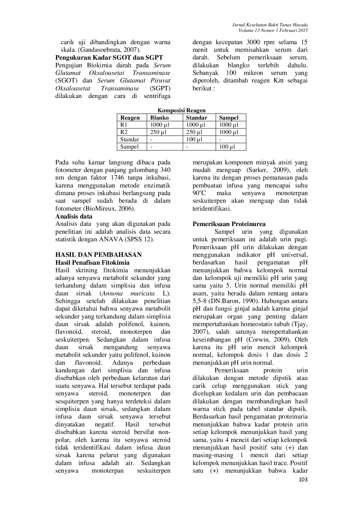 JURIS PENGARUH PEMBERIAN INFUSA DAUN SIRSAK Annona muricata Linn SELAMA 28 HARI TERHADAP KADAR KREATININ BUN SGPT SGOT SERTA PROTEINUREA DAN BILIRUBIN