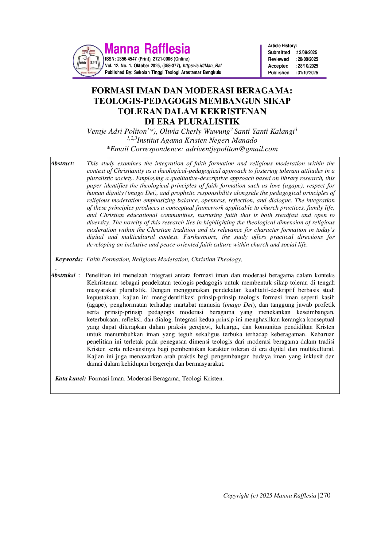 JURIS Formasi Iman Dan Moderasi Beragama TeologisAcPedagogis Membangun Sikap Toleran Dalam Kekristenan Di Era Pluralistik