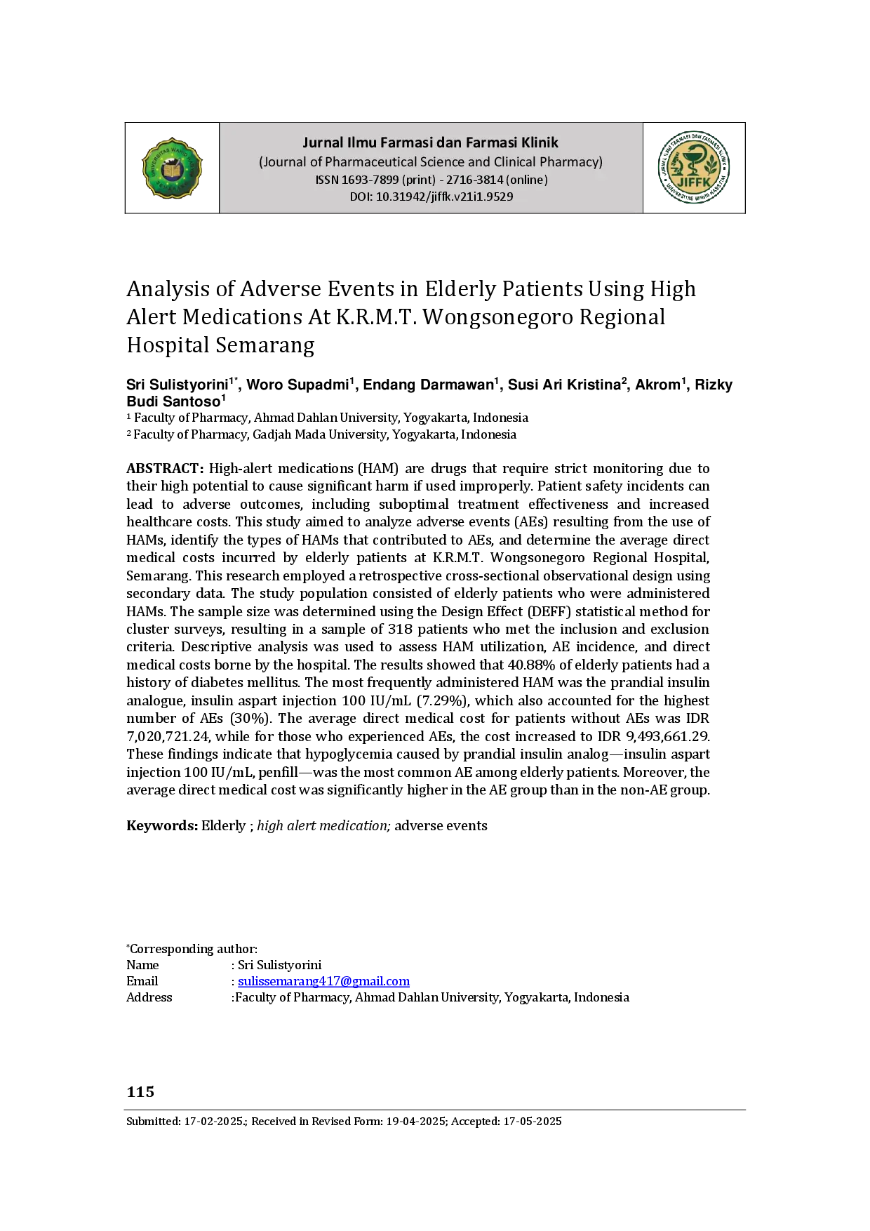 juris Analysis of Adverse Events in Elderly Patients Using High Alert Medications At K R M T Wongsonegoro Regional Hospital Semarang