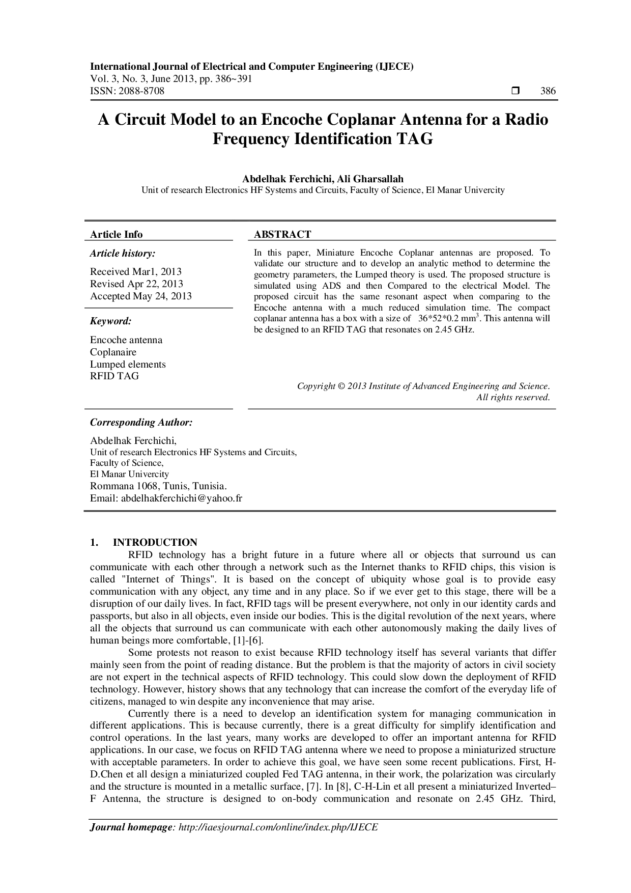 JURIS A Circuit Model to an Encoche Coplanar Antenna for a Radio Frequency Identification TAG