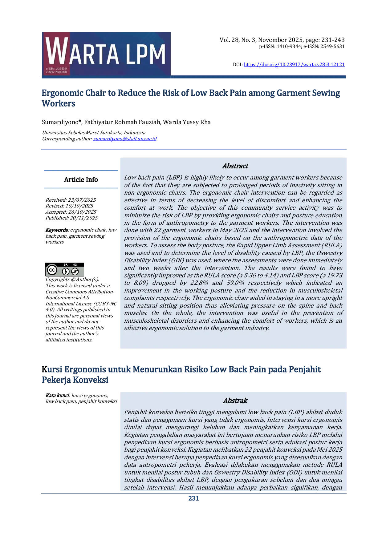JURIS Ergonomic Chair to Reduce the Risk of Low Back Pain among Garment Sewing Workers