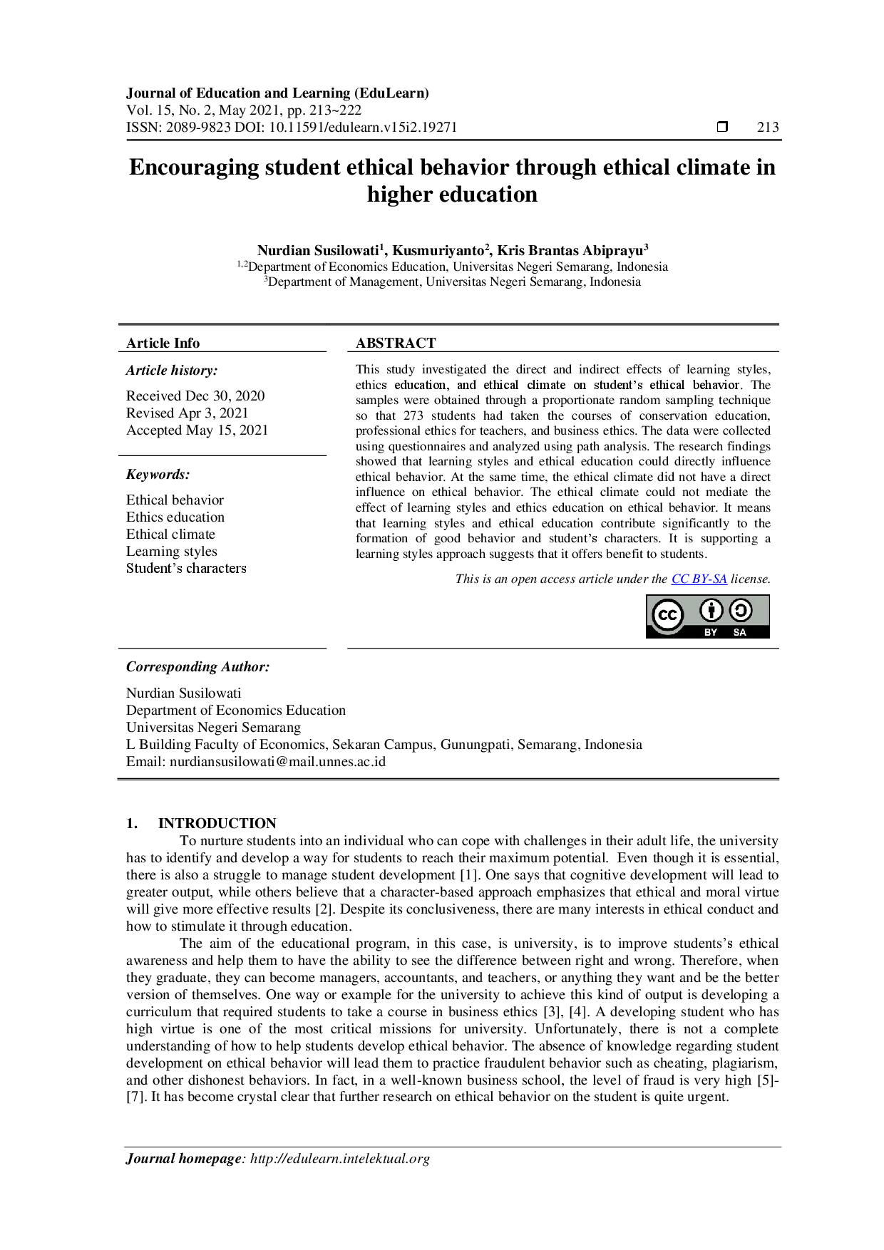 juris Encouraging student ethical behavior through ethical climate in higher education