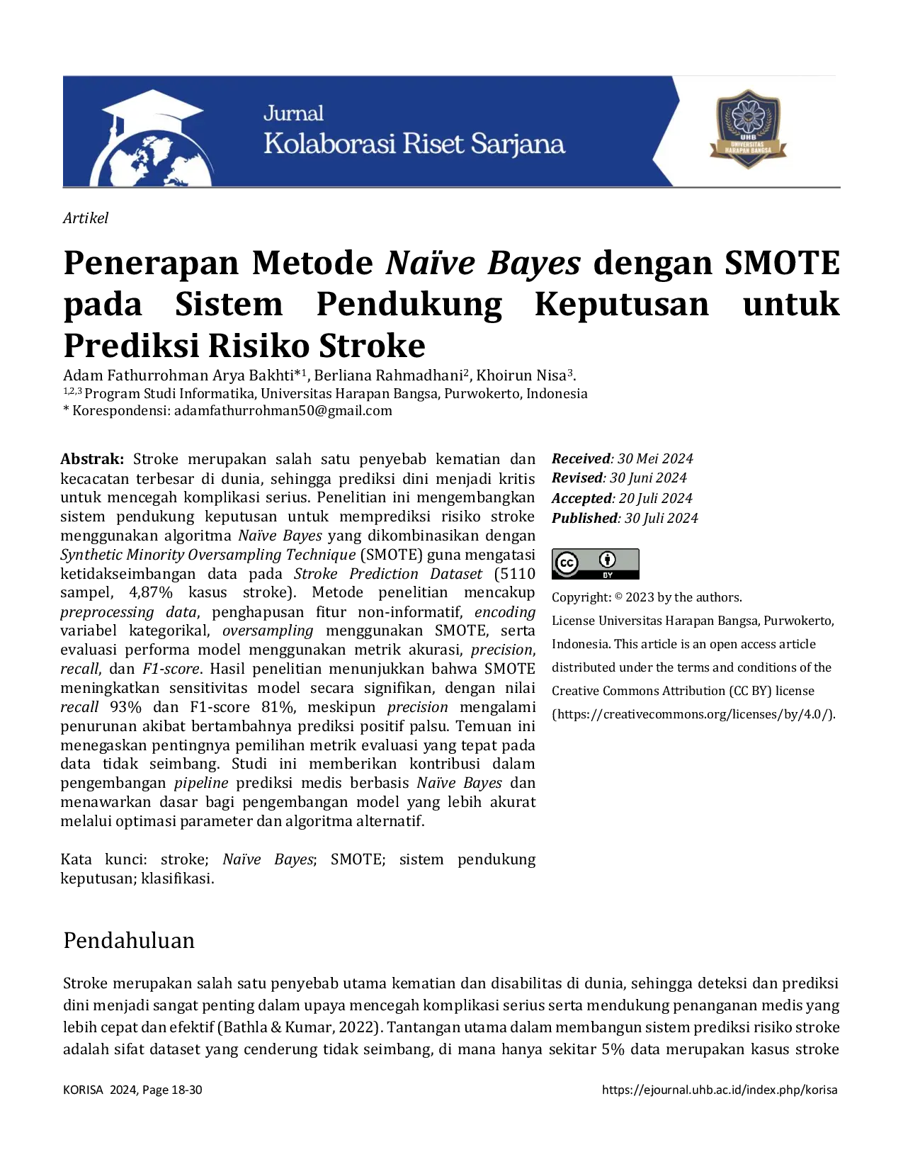 JURIS Penerapan Metode Na ve Bayes dengan SMOTE pada Sistem Pendukung Keputusan untuk Prediksi Risiko Stroke