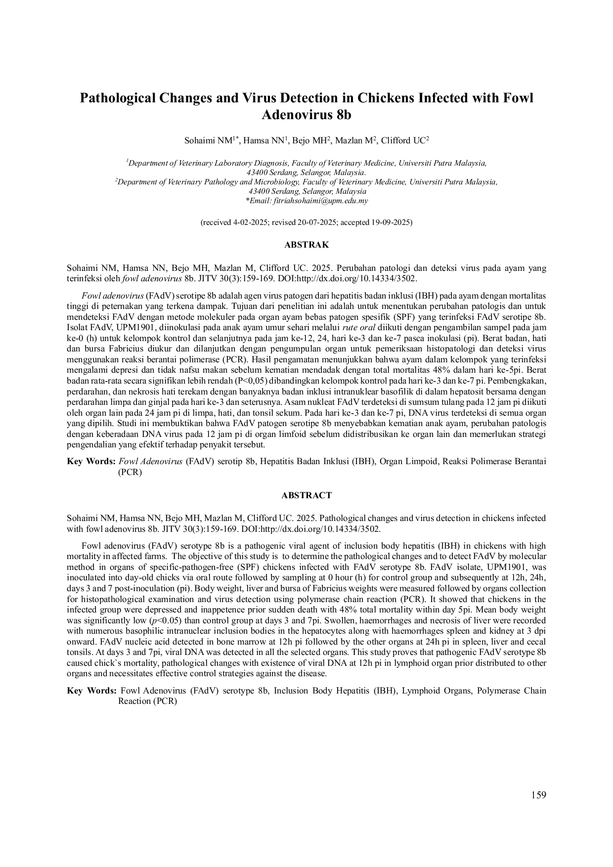 JURIS Pathological Changes and Virus Detection in Chickens Infected with Fowl Adenovirus 8b