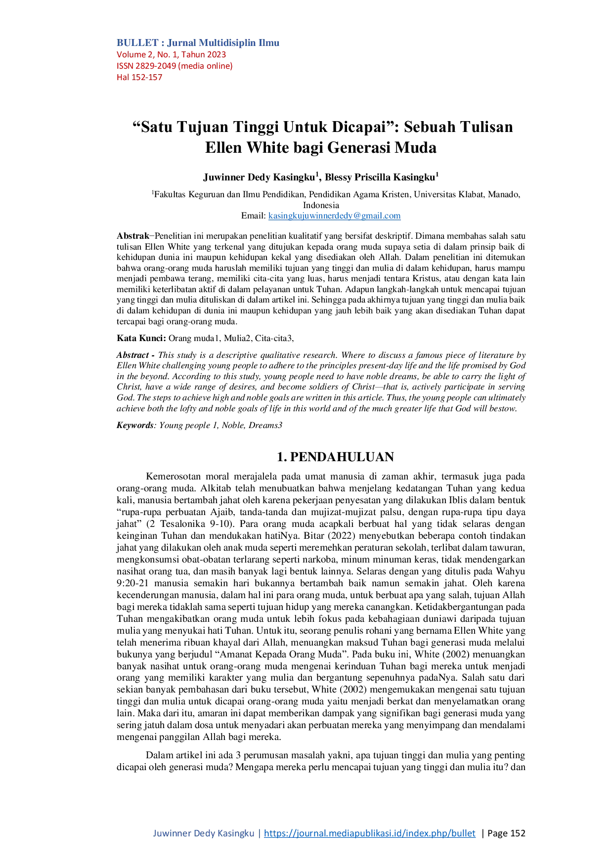 JURIS Satu Tujuan Tinggi Untuk Dicapai Sebuah Tulisan Ellen White bagi Generasi Muda