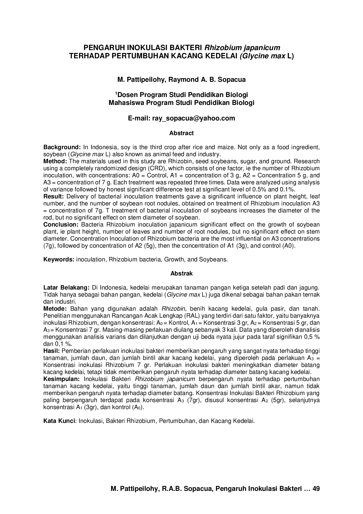 JURIS PENGARUH INOKULASI BAKTERI Rhizobium japanicum TERHADAP PERTUMBUHAN KACANG KEDELAI Glycine max L