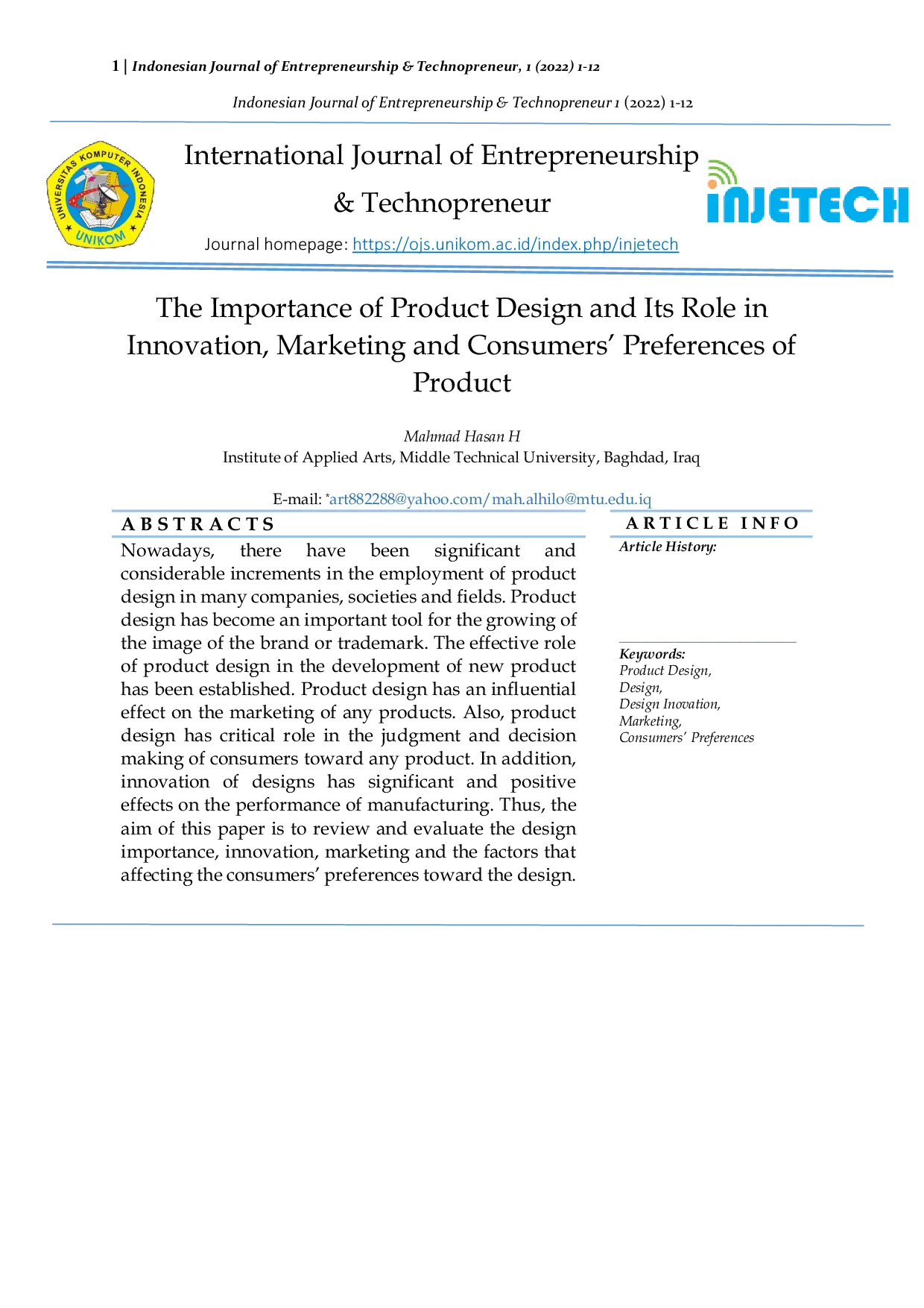 JURIS The Importance of Product Design and Its Role in Innovation Marketing and Consumers Preferences of Product