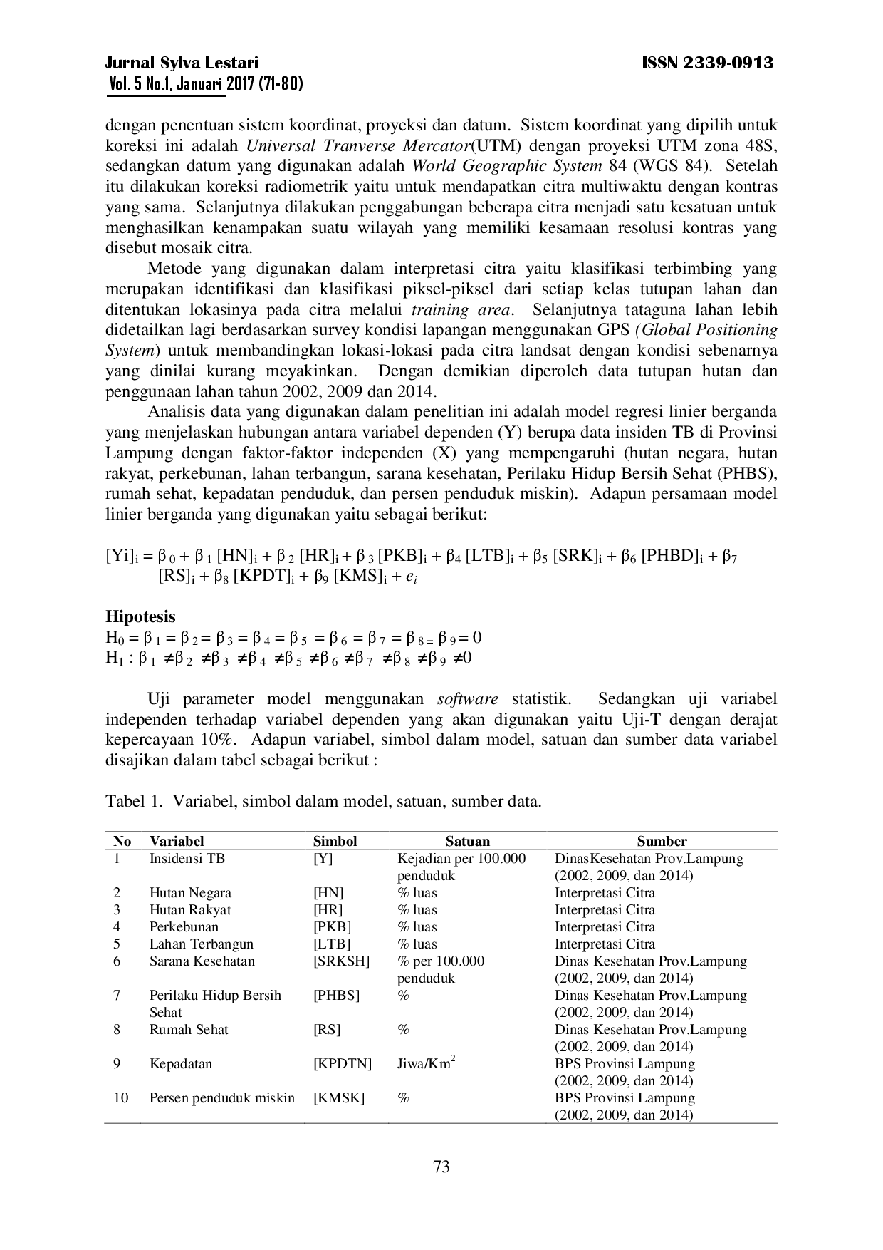 juris Pengaruh Perubahan Penggunaan Lahan terhadap Insiden Penyakit Tuberkulosis Paru Studi di Provinsi Lampung Effect of Land Use toward Pulmunary Tuberkulosis Incidence Study in Lampung Province