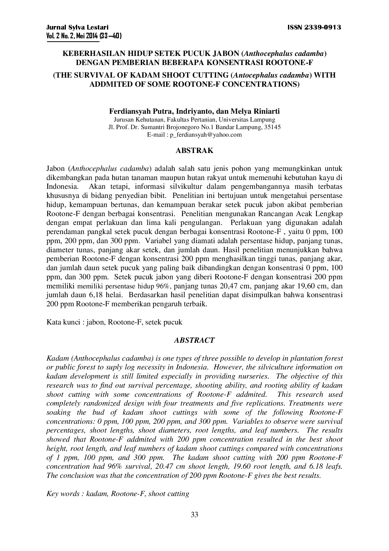 juris Keberhasilan Hidup Setek Pucuk Jabon Anthocephalus Cadamba Dengan Pemberian Beberapa Konsentrasi Rootone F
