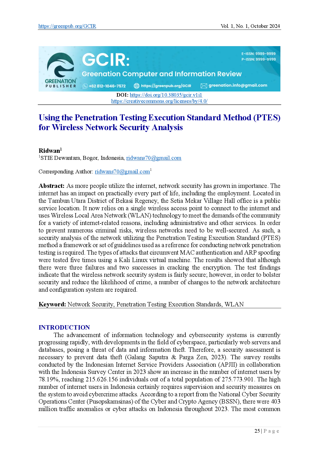 juris Using the Penetration Testing Execution Standard Method PTES for Wireless Network Security Analysis