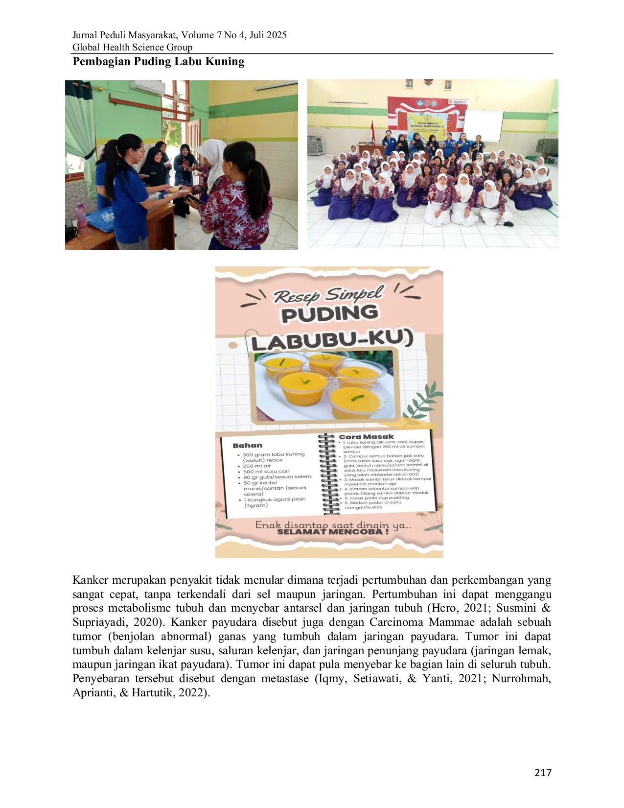 JURIS Edukasi Pembuatan Puding Labu Kuning Cucurbita Moschata sebagai Nutrisi Tinggi Antioksidan Pencegahan Kanker Payudara