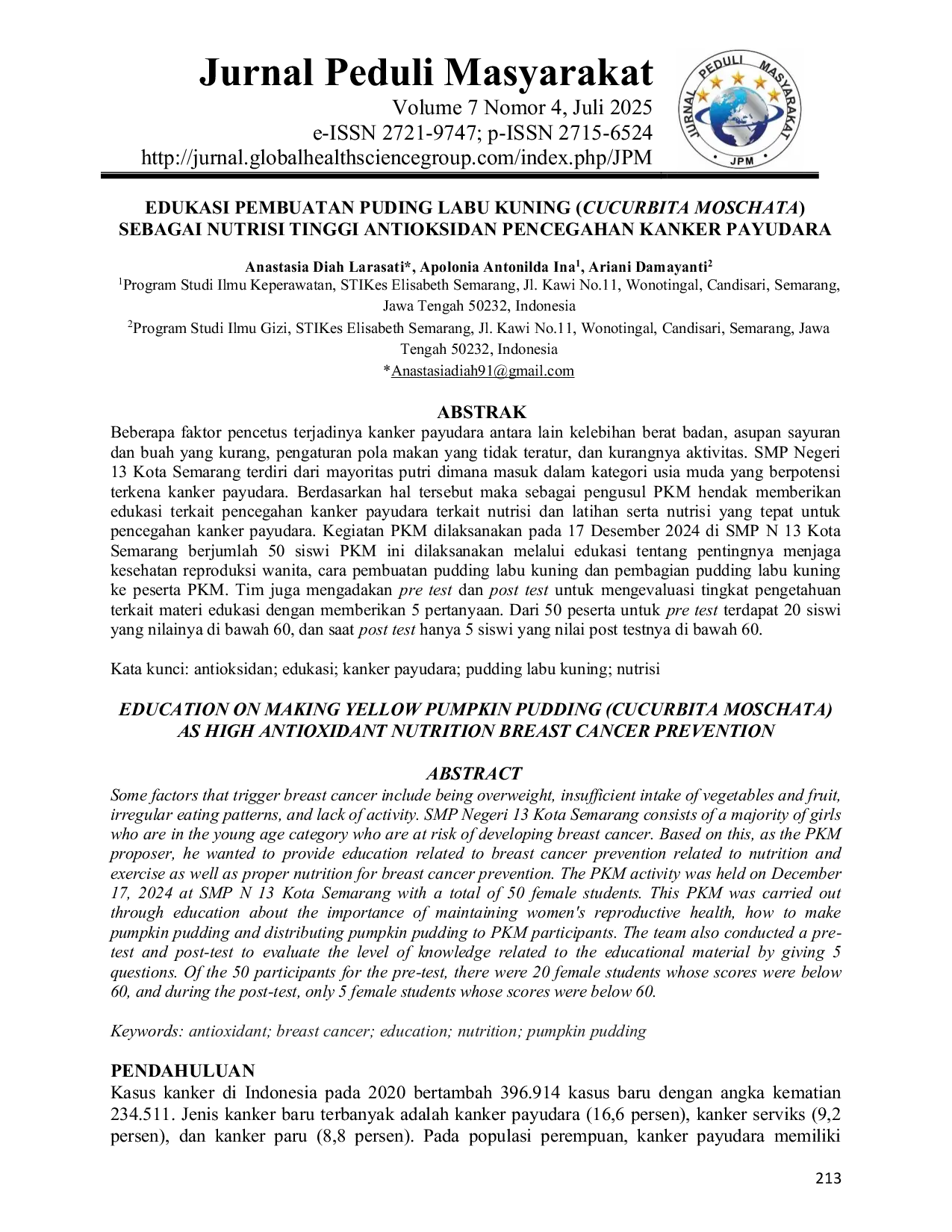 JURIS Edukasi Pembuatan Puding Labu Kuning Cucurbita Moschata sebagai Nutrisi Tinggi Antioksidan Pencegahan Kanker Payudara
