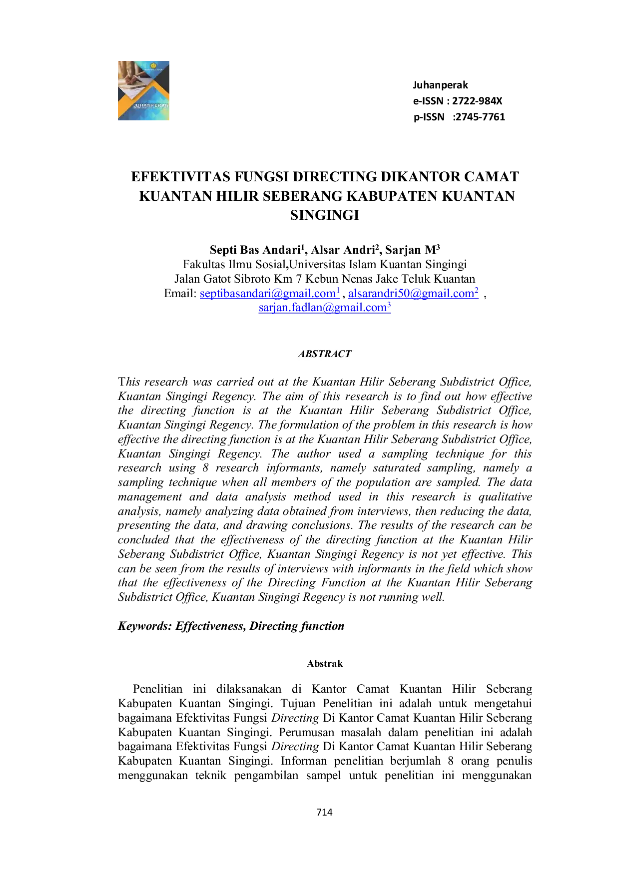 JURIS Efektivitas Fungsi Directing Di Kantor Camat Kuantan Hilir Seberang Kabupaten Kuantan Singingi
