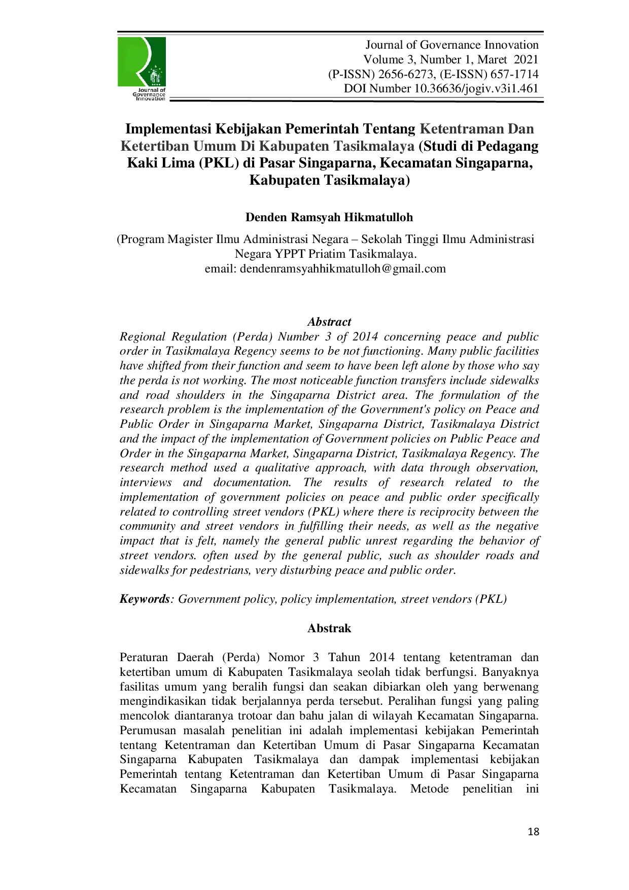 JURIS Implementasi Kebijakan Pemerintah Tentang Ketentraman Dan Ketertiban Umum Di Kabupaten Tasikmalaya Studi di Pedagang Kaki Lima PKL di Pasar Singaparna Kecamatan Singaparna Kabupaten Tasikmalaya