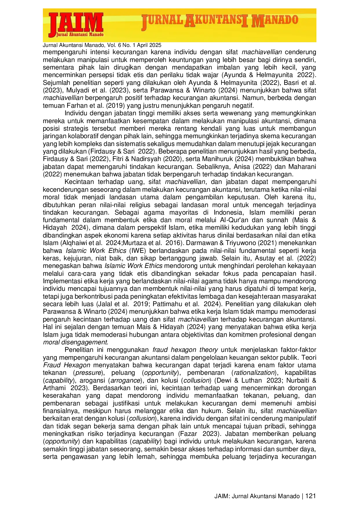 JURIS Determinan Kecurangan Akuntansi Dalam Pengelolaan Keuangan Dengan Etika Kerja Islam Sebagai Pemoderasi