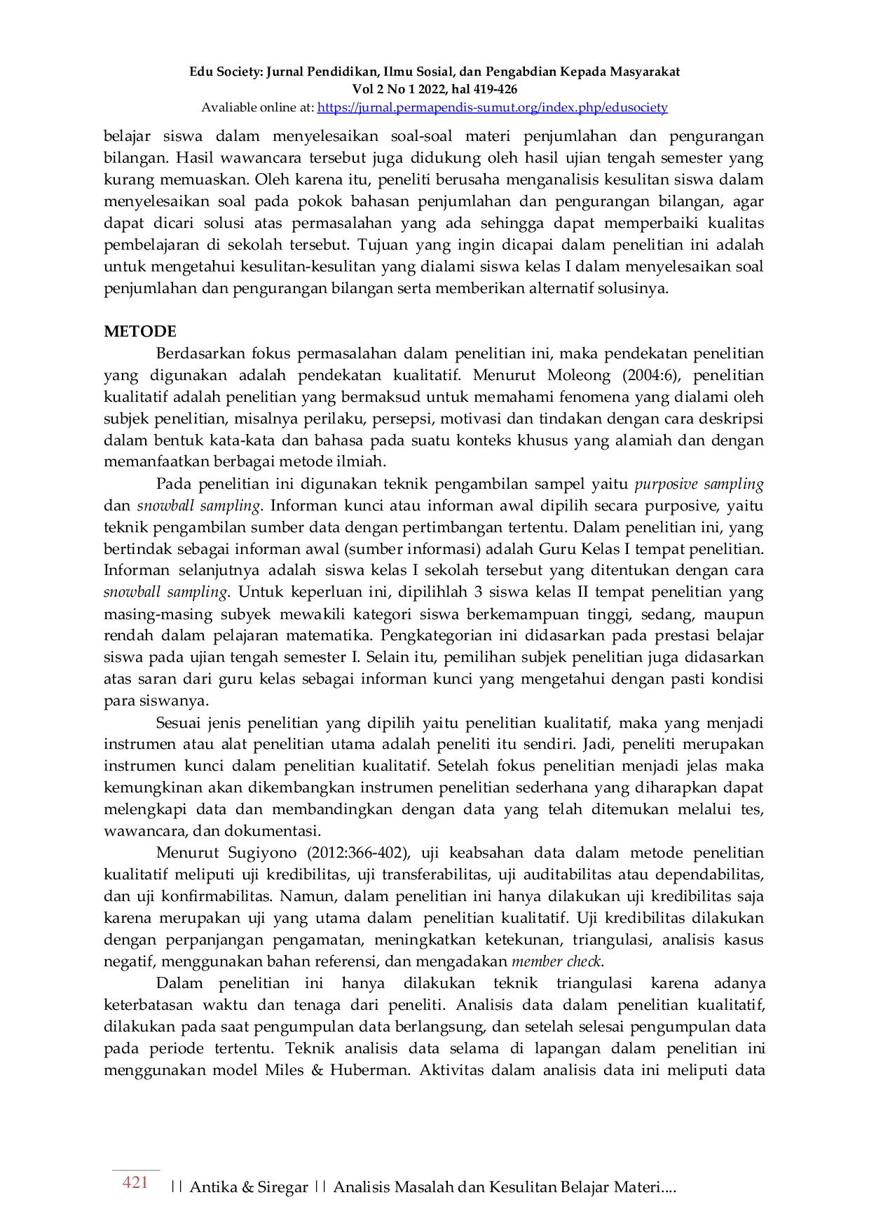 JURIS Analisis Masalah dan Kesulitan Belajar Materi Operasi Penjumlahan dan Pengurangan pada Siswa Kelas I di MIN 9 Medan