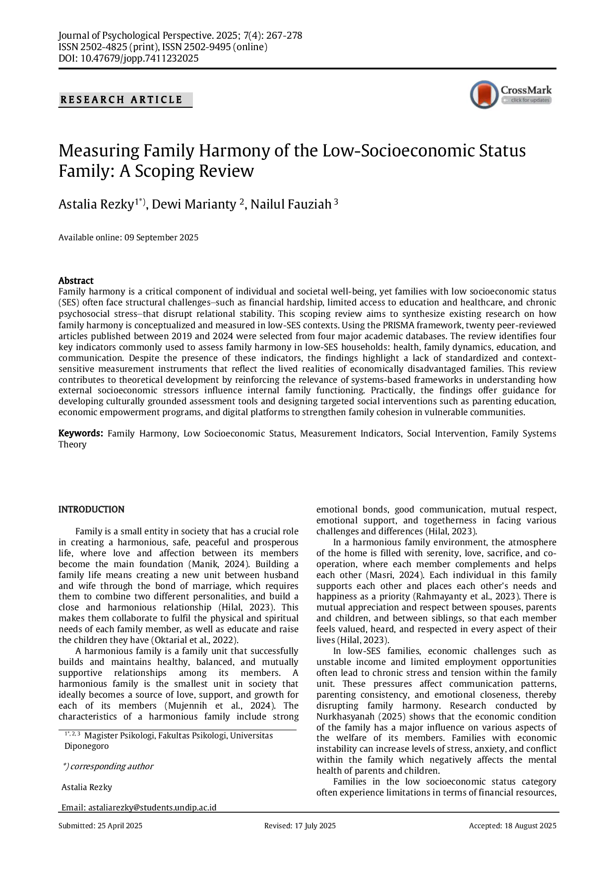 JURIS Measuring Family Harmony of the Low Socioeconomic Status Family A Scoping Review