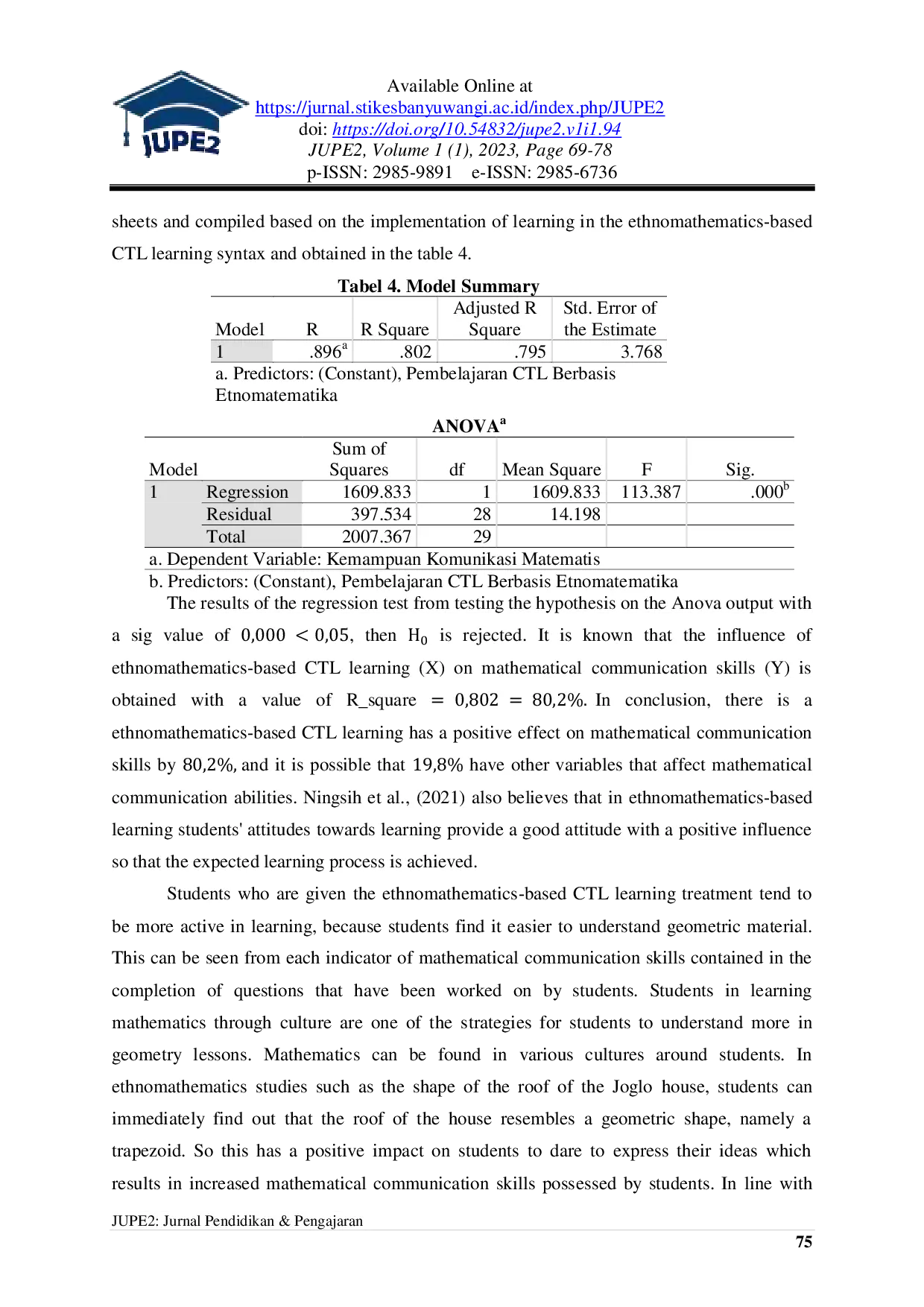 JURIS The Effectiveness Of Ethnomathematics Based Contextual Teaching And Learning CTL On The Mathematical Communication Skills Of Elementary School Students