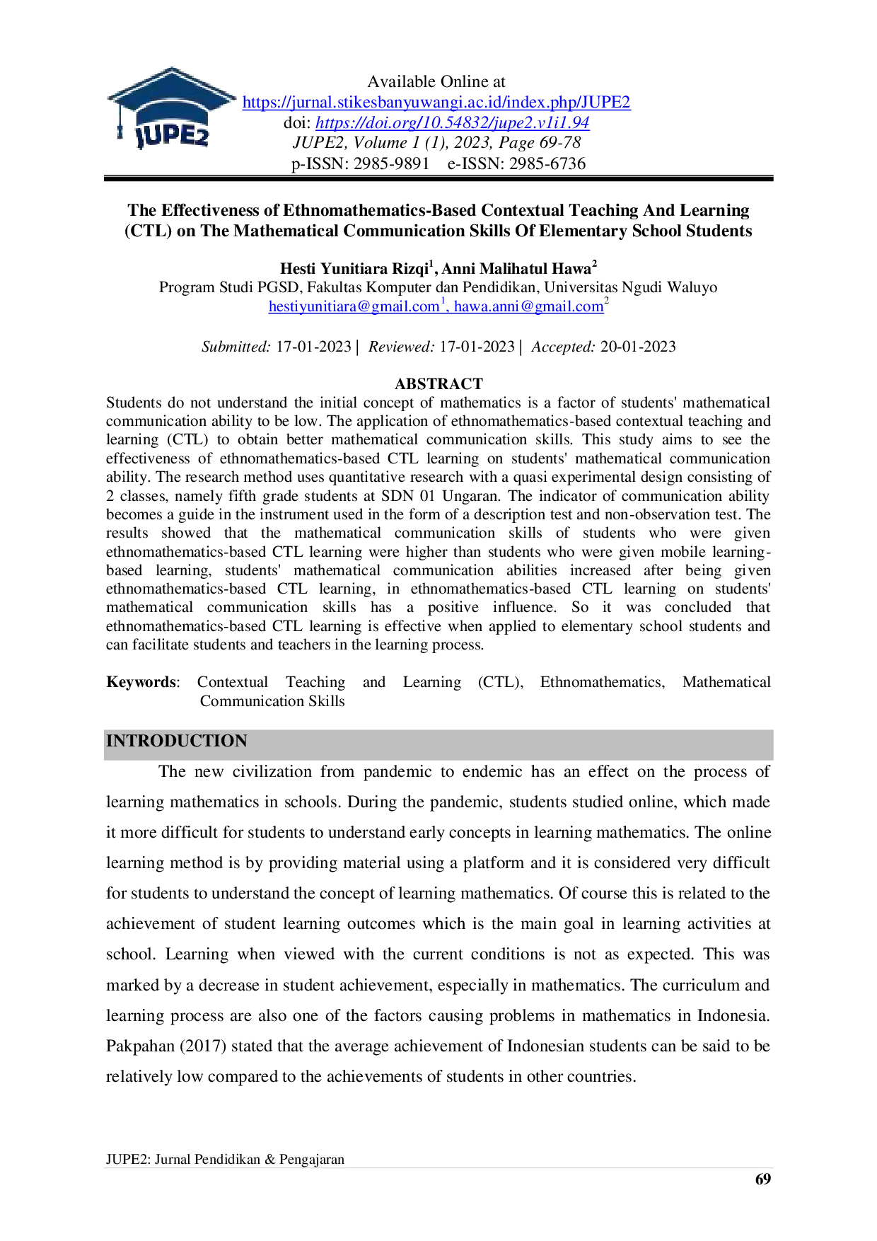 JURIS The Effectiveness Of Ethnomathematics Based Contextual Teaching And Learning CTL On The Mathematical Communication Skills Of Elementary School Students