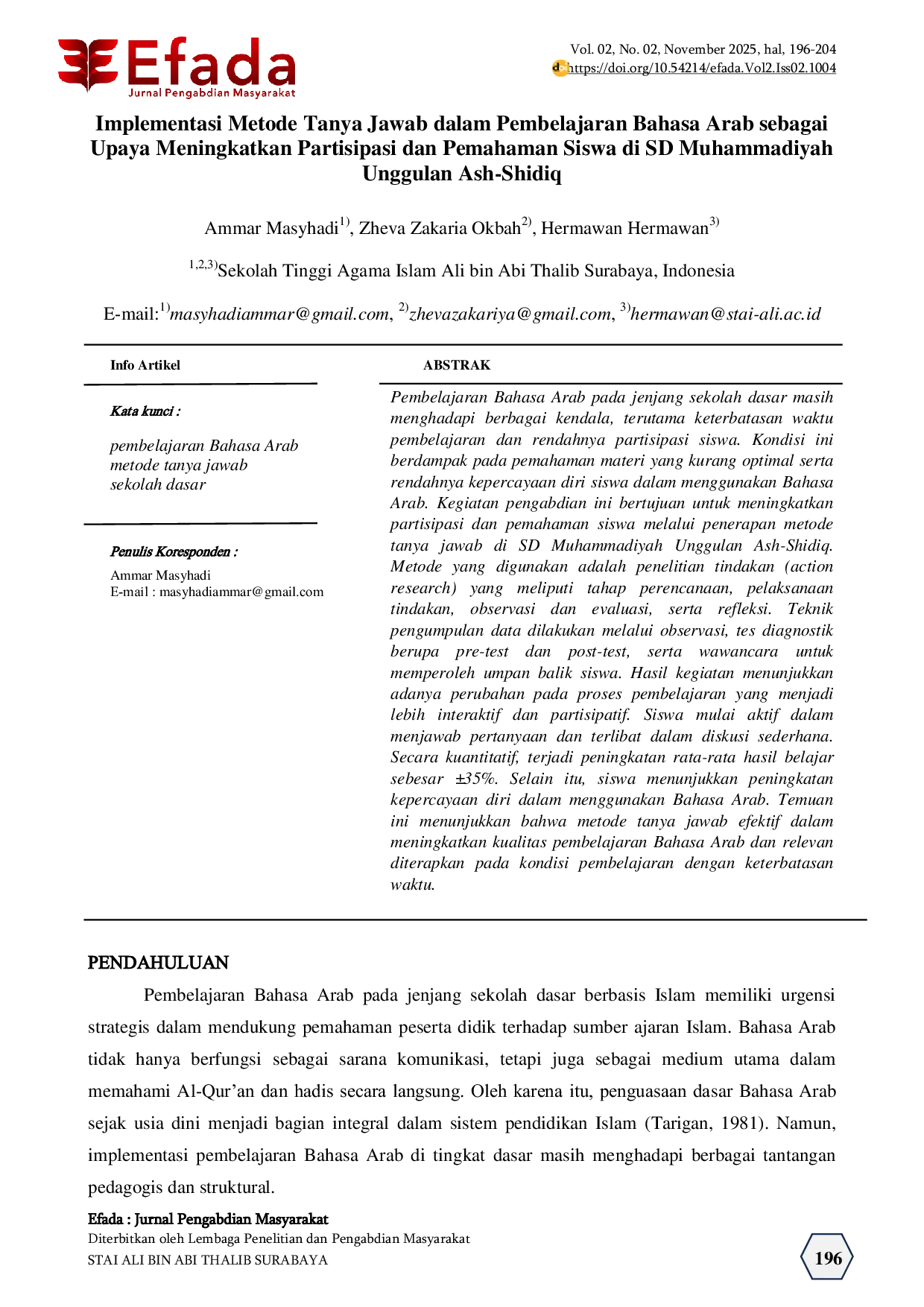 JURIS Implementasi Metode Tanya Jawab dalam Pembelajaran Bahasa Arab sebagai Upaya Meningkatkan Partisipasi dan Pemahaman Siswa di SD Muhammadiyah Unggulan Ash Shidiq