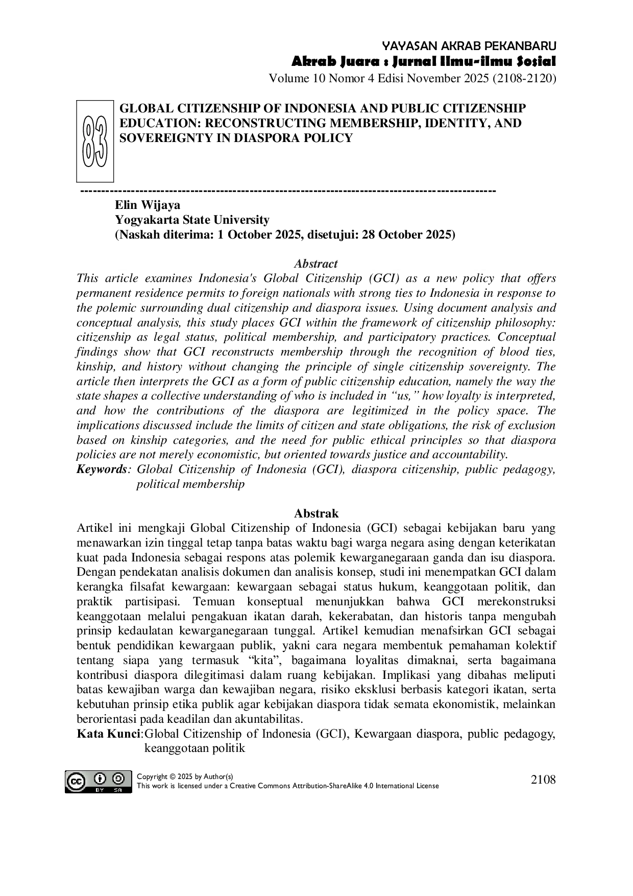 JURIS GLOBAL CITIZENSHIP OF INDONESIA AND PUBLIC CITIZENSHIP EDUCATION RECONSTRUCTING MEMBERSHIP IDENTITY AND SOVEREIGNTY IN DIASPORA POLICY