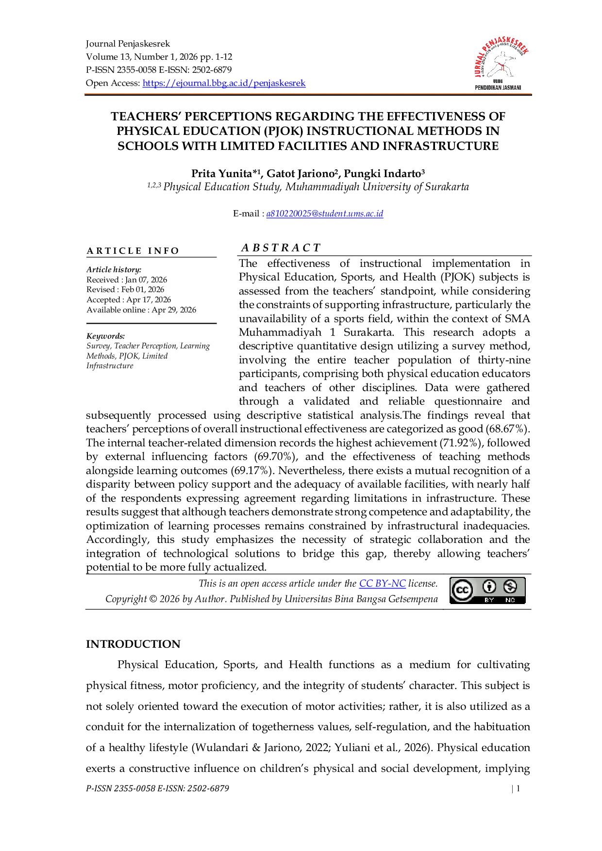 JURIS Teachers Perceptions Regarding the Effectiveness of Physical Education PJOK Instructional Methods in Schools with Limited Facilities and Infrastructure