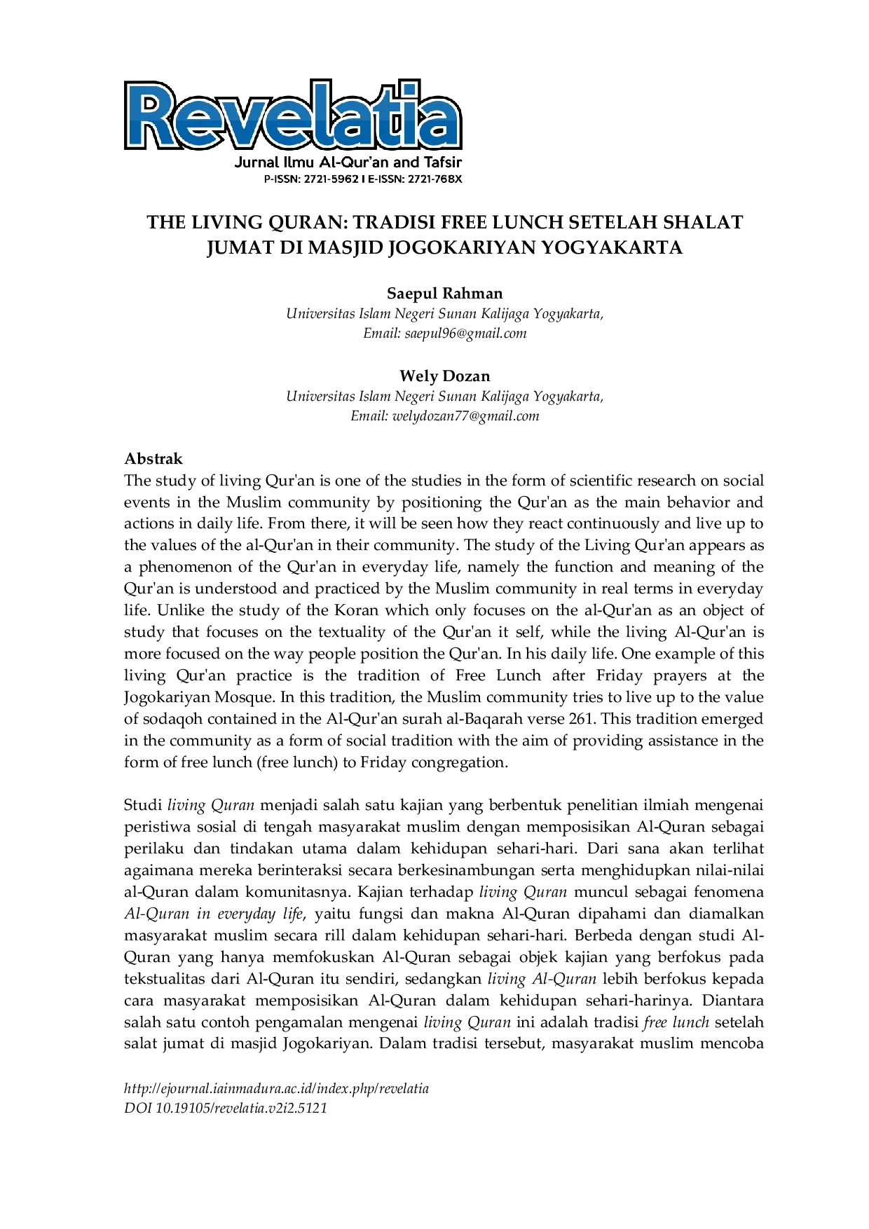 JURIS The Living Quran Tradisi Free Lunch Setelah Shalat Jumat Di Masjid Jogokariyan Yogyakarta