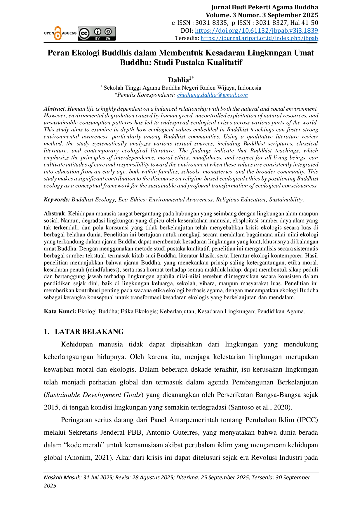 JURIS Peran Ekologi Buddhis dalam Membentuk Kesadaran Lingkungan Umat Buddha Studi Pustaka Kualitatif