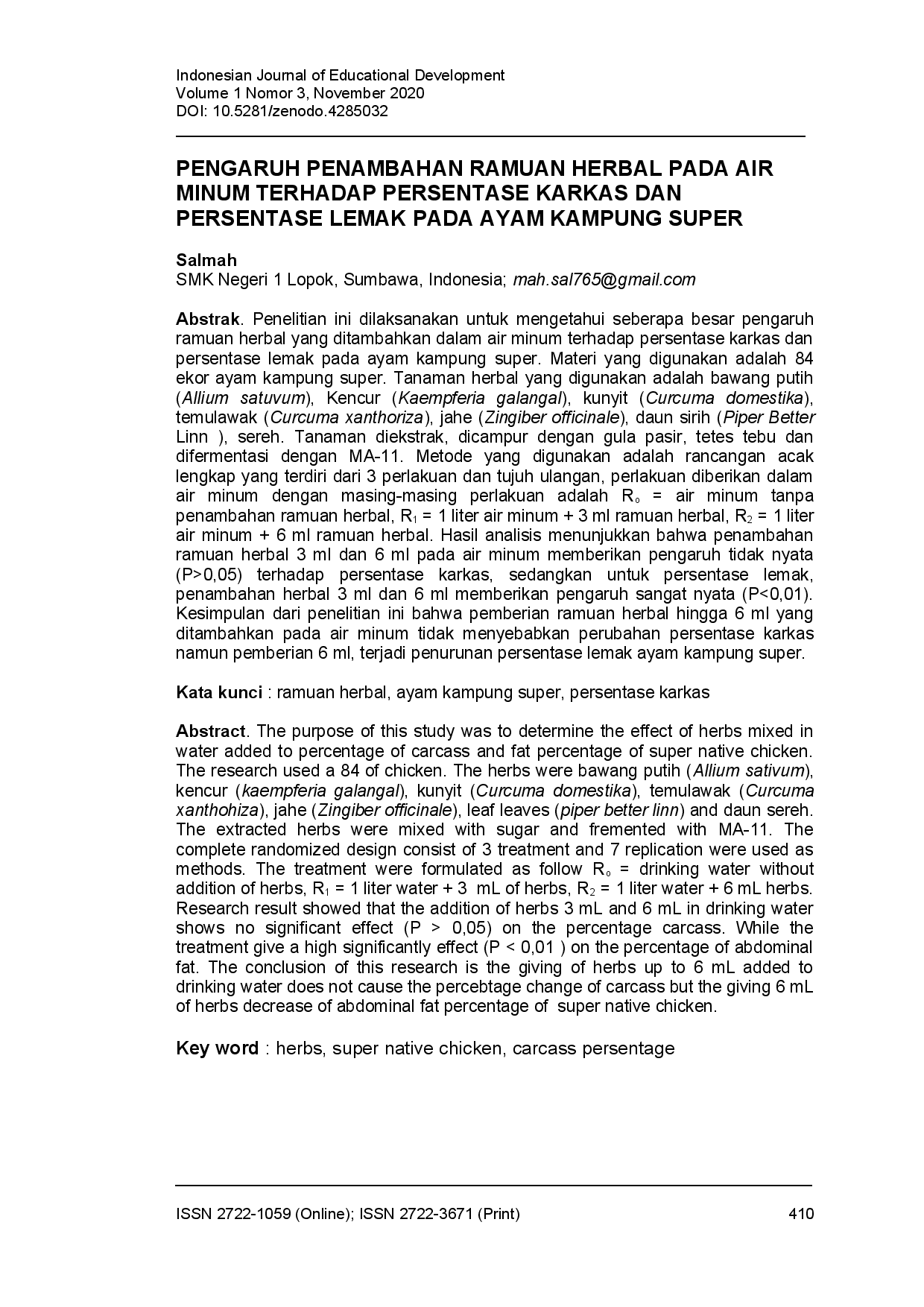 juris Pengaruh penambahan ramuan herbal pada air minum terhadap persentase karkas dan persentase lemak pada ayam kampung super