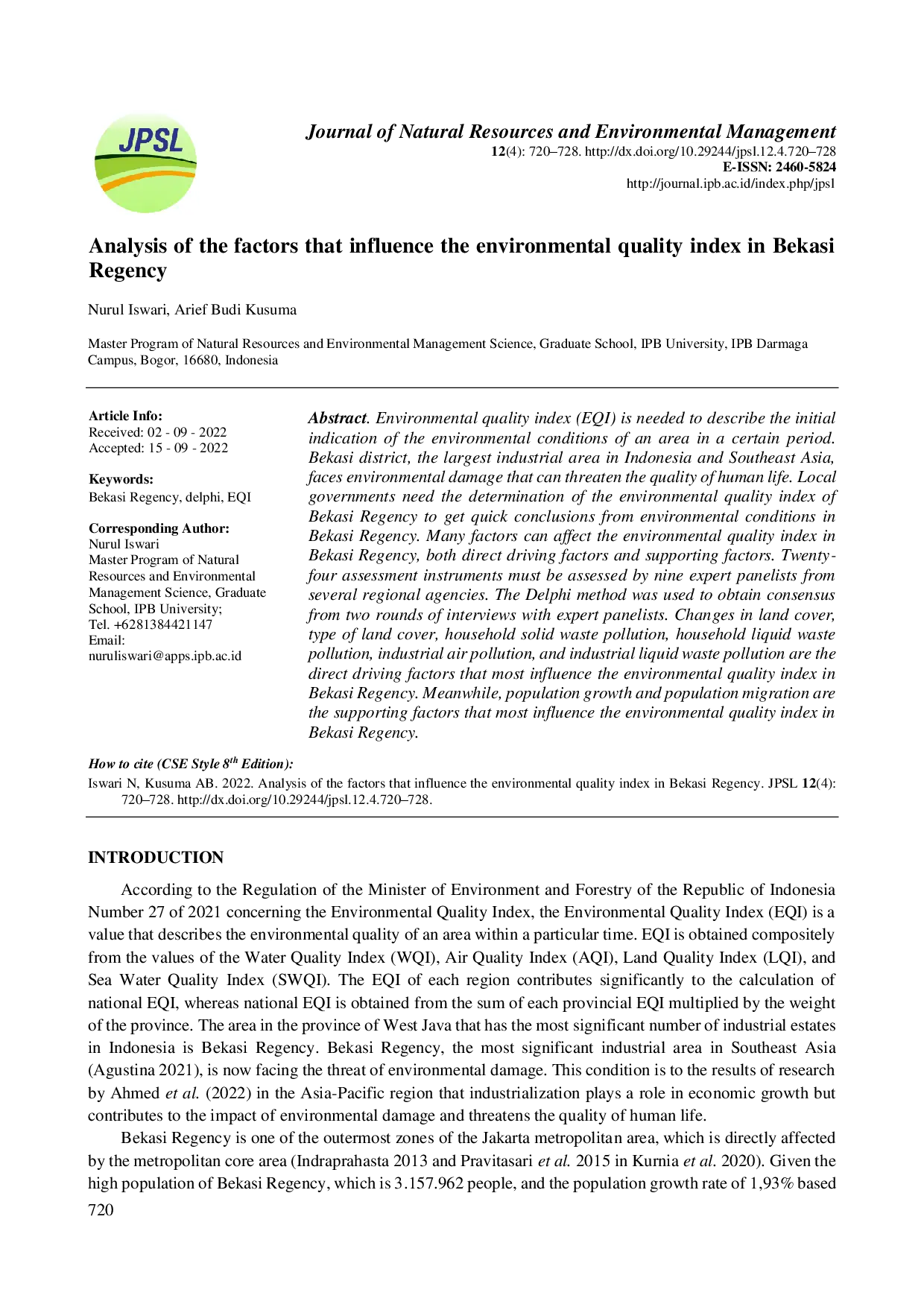 juris Analisis faktor faktor yang memengaruhi indeks kualitas lingkungan hidup di Kabupaten Bekasi