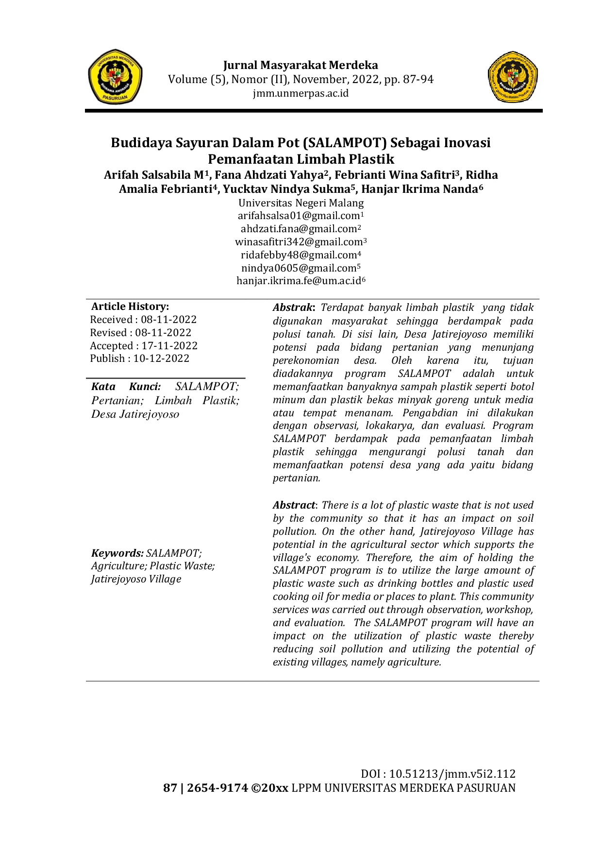 JURIS Budidaya Sayuran Dalam Pot SALAMPOT Sebagai Inovasi Pemanfaatan Limbah Plastik