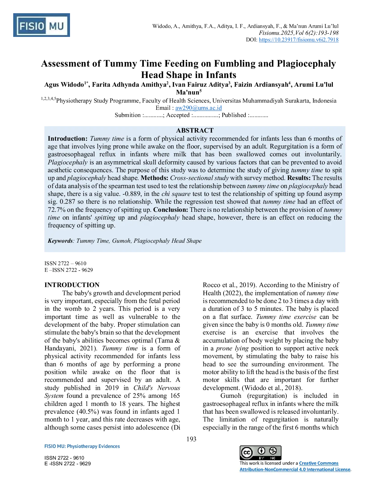 JURIS Assessment of Tummy Time Feeding on Fumbling and Plagiocephaly Head Shape in Infants