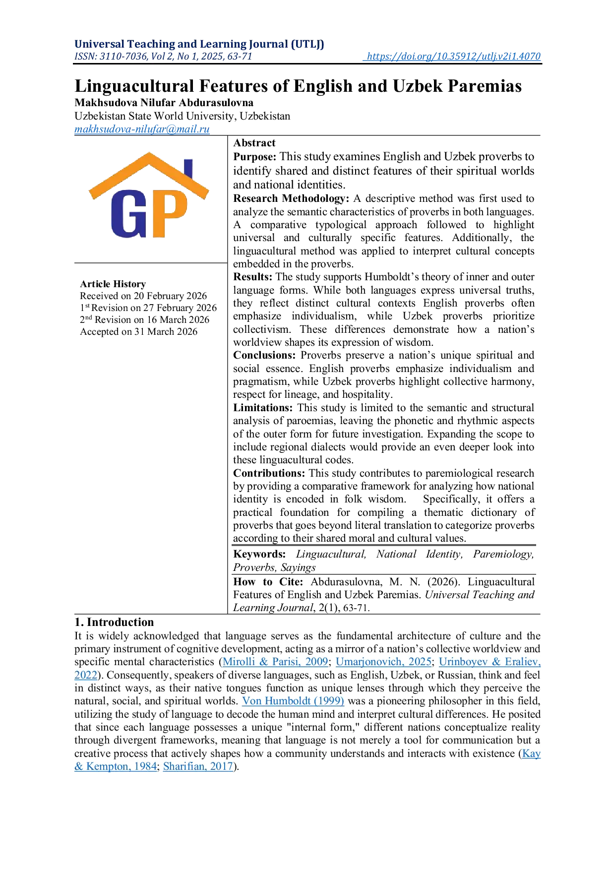 JURIS Linguacultural Features of English and Uzbek Paremias