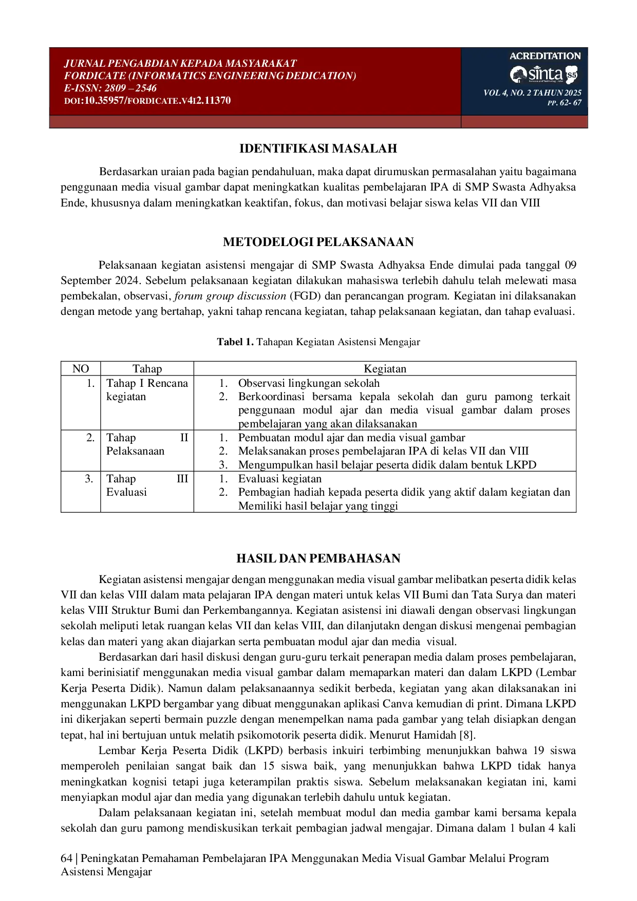 juris Peningkatan Pemahaman Pembelajaran IPA Menggunakan Media Visual Gambar Melalui Program Asistensi Mengajar