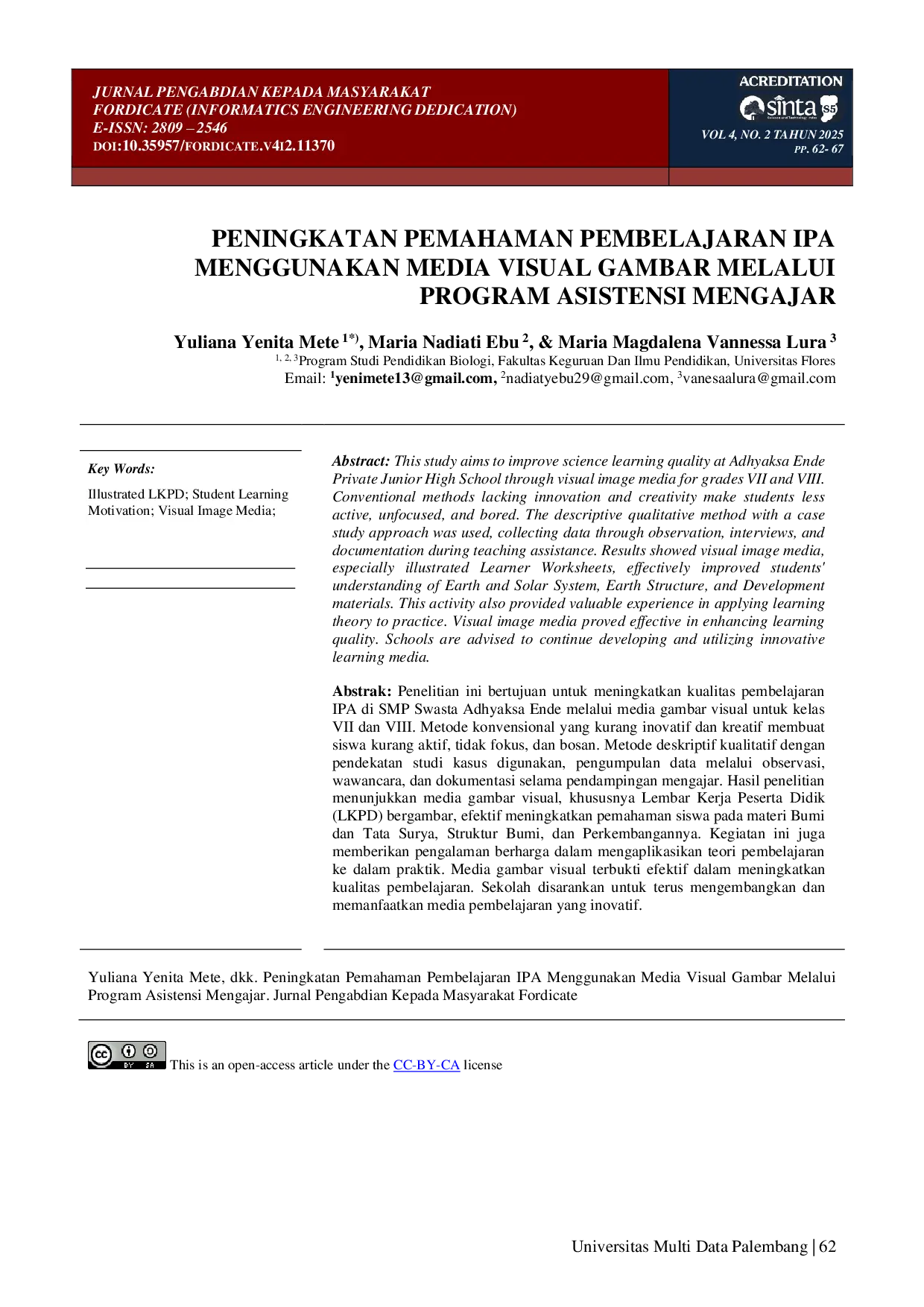 juris Peningkatan Pemahaman Pembelajaran IPA Menggunakan Media Visual Gambar Melalui Program Asistensi Mengajar